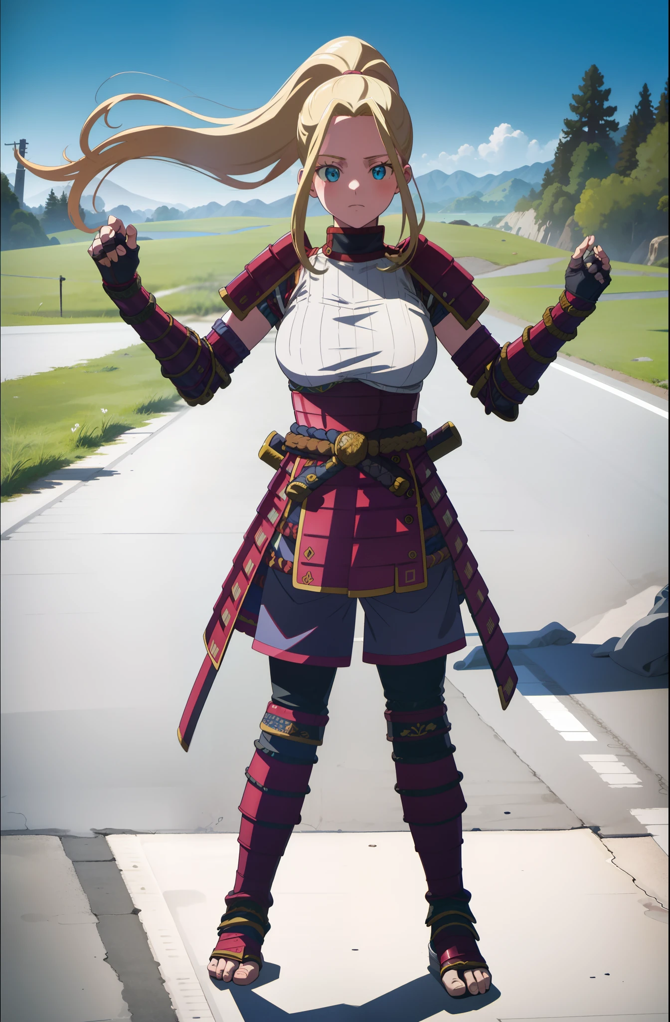 beatrix amerhauser, long hair, blue eyes, blonde hair, gloves, ponytail, (medium breast:1.2), fingerless gloves, armor, japanese armor,standing, sword holding, flipflops, forest