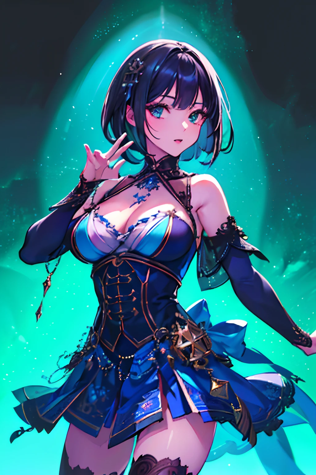 (best quality, 4k, highres, masterpiece:1.2), ultra-detailed, (realistic, photorealistic, photo-realistic:1.37), portraits, beautiful detailed eyes, beautiful detailed lips, extremely detailed eyes and face, long eyelashes, 1 girl, idol, Japanese girl, black bob hair, (cute:1.3), stage costume, vibrant colors, perfect lighting, energetic background, joyful expression.