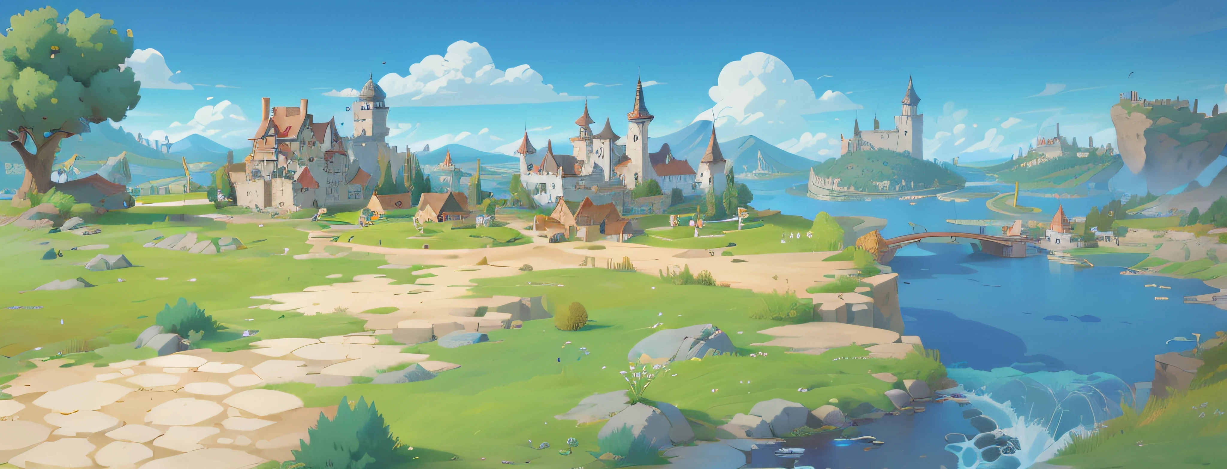 Cartoon illustration of a small village with a river and a bridge, town background, Mobile game background, distant village background, medieval city background, town center background, Mobile game art, renaissance port city background, town in the background, medieval town landscape, tavern background, Castle background, arte de fundo, background fortress, Medieval Castle Background, Game illustration, fairy tale style background,Fairy tale AI masterpiece, (((High quality))), Cute cartoon world, largeaperture, The best quality, 8K,concept-art，Miyazaki animation style，.3D, Super detail --v6