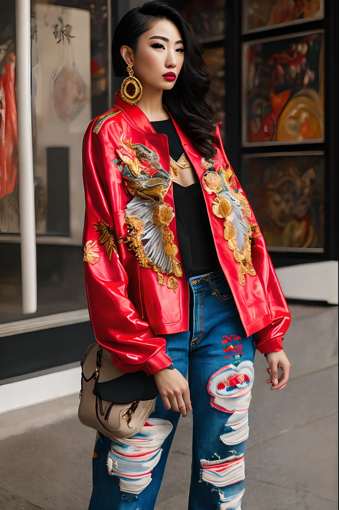 raditional japanese geisha Her outfit consists of: A baggy pair of distressed jeans that hang low on her hips, revealing a hint of a tattoo on her lower back. A fitted, black crop top with a bold graffiti-style "Sakura" across the chest. A pair of high-top sneakers, their soles flashing with LED lights in various colors as she moves. A vibrant red leather jacket with intricate dragon embroidery on the back. Chunky gold jewelry, including oversized hoop earrings and multiple necklaces, clinking as she moves gracefully