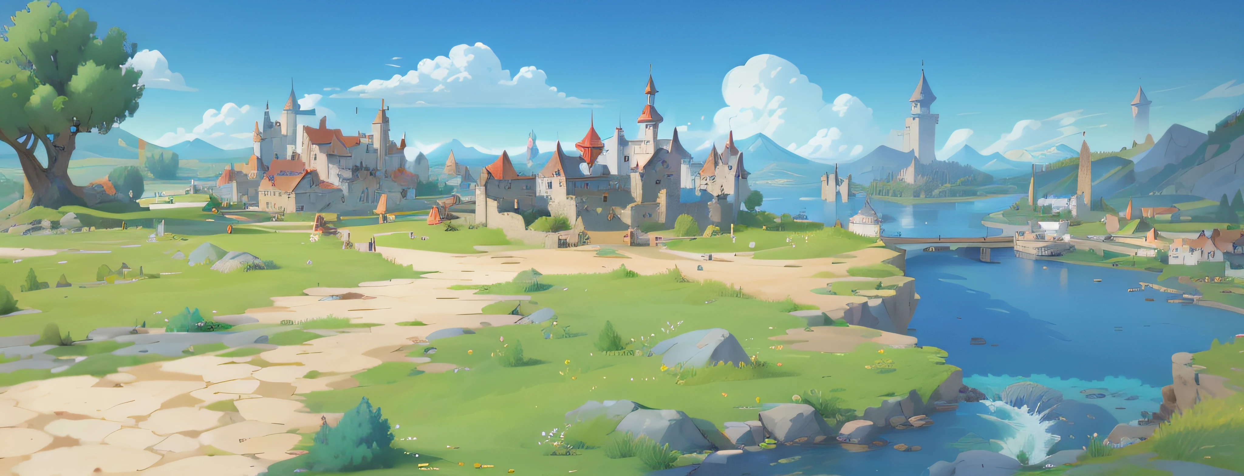 Cartoon illustration of a small village with a river and a bridge, town background, Mobile game background, distant village background, medieval city background, town center background, Mobile game art, renaissance port city background, town in the background, medieval town landscape, tavern background, Castle background, arte de fundo, background fortress, Medieval Castle Background, Game illustration, fairy tale style background,Fairy tale AI masterpiece, (((High quality))), Cute cartoon world, largeaperture, The best quality, 8K,concept-art,Miyazaki animation style,.3D, Super detail --v6