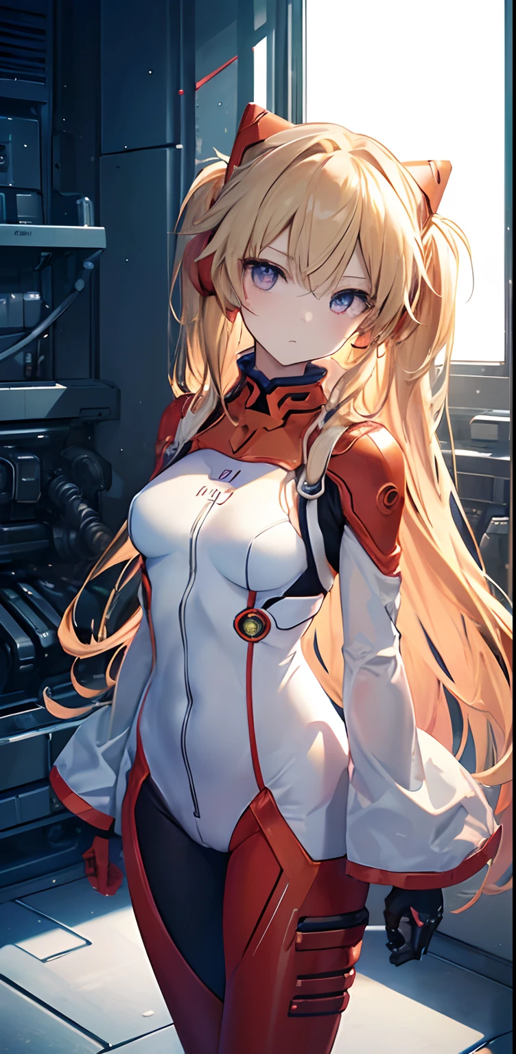 (Aerial view), dynamic angle, ultra-detailed, illustration, close-up, straight, 1girl, ((souryuu asuka langley, interface headset, red bodysuit: 1.4, blonde),Her eyes shone like dreamy stars ,(bright eyes:1.233),(beautiful and detailed eyes:1.1),(expressionless, mouth closed),(standing), (mechanical room with tools and spaceship window on a white spaceship), (night: 1.2), dreamy, [[delicate fingers and hands: 0.55]::0.85],(detail fingers),