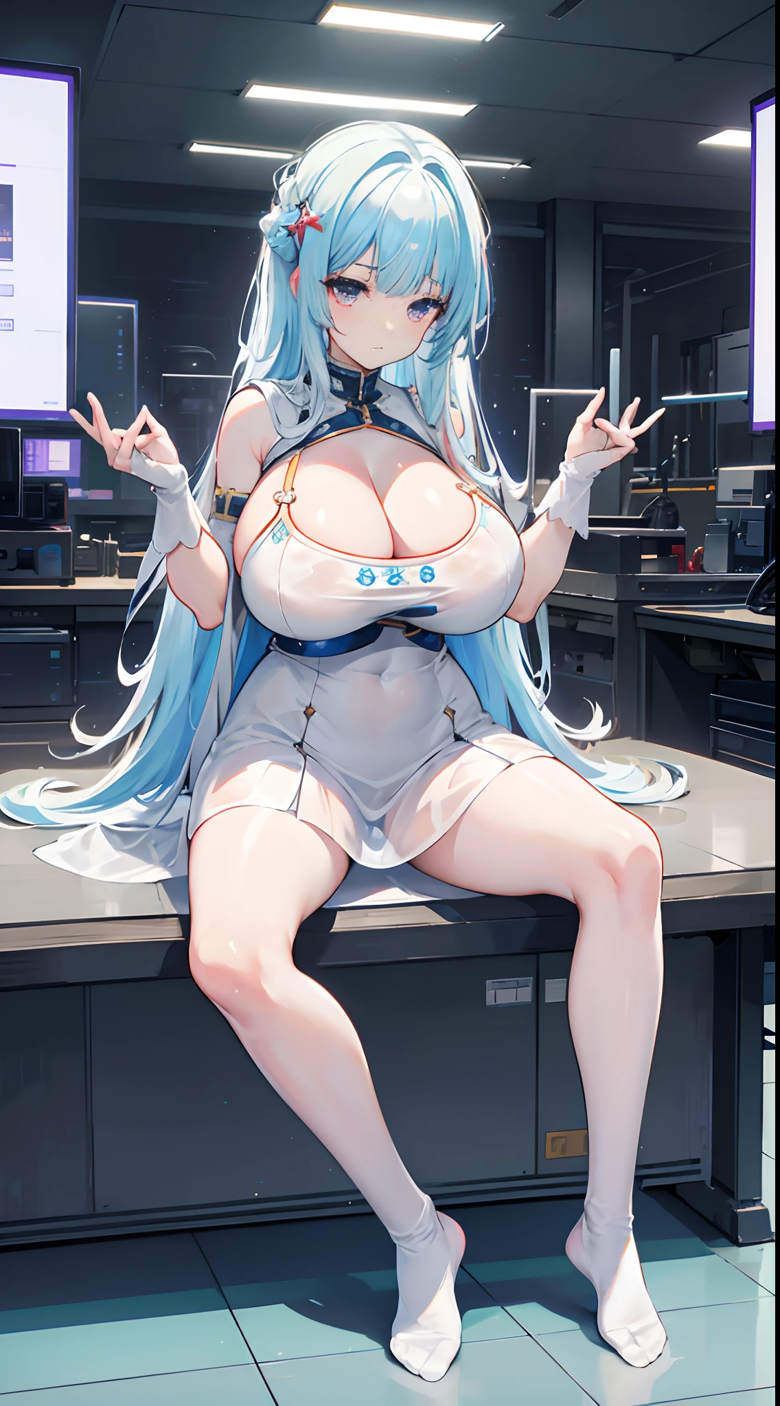 see-through breasts，No shoes, solo person, Solo,(gigantic cleavage breasts:1.3)，European knights，White curly hair，Full body like，Sit on the test bench，dim murky lights，Inside the laboratory， technological background,