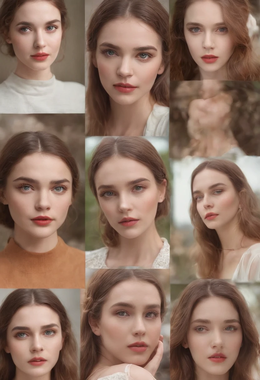 multiple expressions, multiple poses, different outfits, high color, surreal, retro, pencil, beautiful face, high detail face, detailed eyes