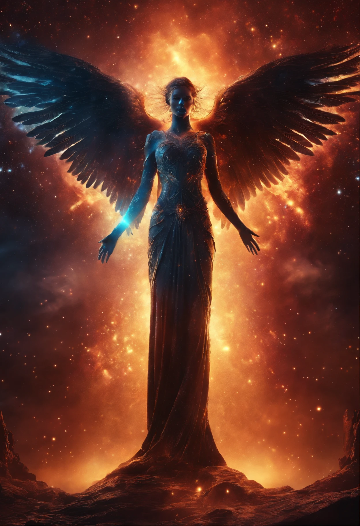 (((fullbody))) of Cosmic Fallen Angel woman nude, glowing light eyes, Biomechanical, eerie, Creepy, nightmarish, Very bright colors, Light particles, with light glowing, Mshiff, wallpaper art, UHD wallpaper, anakil skywalker, 15 years, medieval clothes