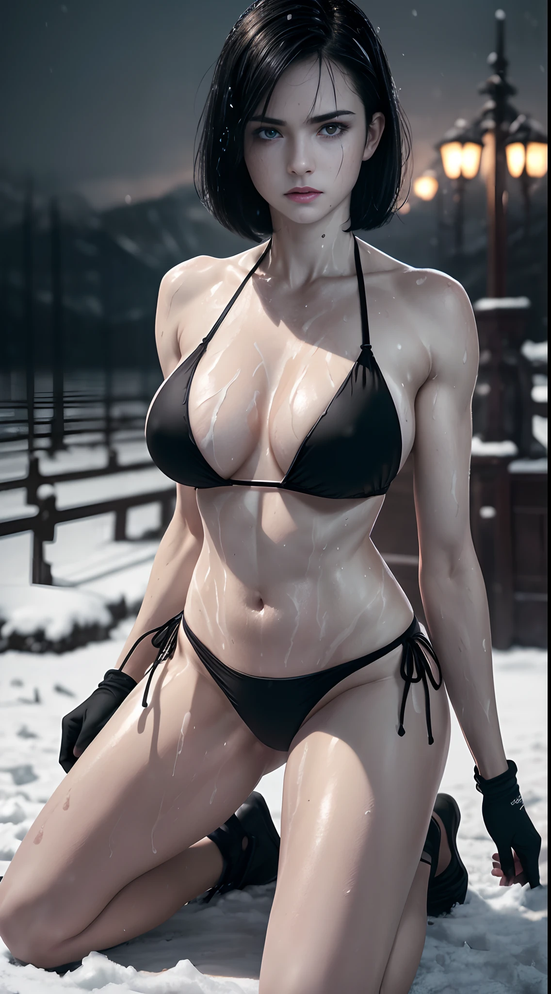 Ultra Realistic Image of Gorgeous British Female Vampire, (Athletic Body:1.2), (Pale Skin:1.6), (Defined Abs), (Busty Cup Size:1.2), (Firm Thighs:1.2), (Wearing Black Bikini and Panties:1.6), (Shoulder-level Bob Black Hair:1.4), (Detailed Oily and Sweaty Appearance:1.6), (Serious Face), (Kneeling Pose:1.4), (From Above Shot:1.2), (Snowy Field at Night:1.4), Centered, Insane Details, Intricate Face Detail, Intricate Hand Details, Cinematic Shot and Lighting, Realistic Colors, Masterpiece, Sharp Focus, Ultra Detailed, Taken with DSLR camera, Realistic Photography, Depth of Field, Incredibly Realistic Environment and Scene, Master Composition and Cinematography