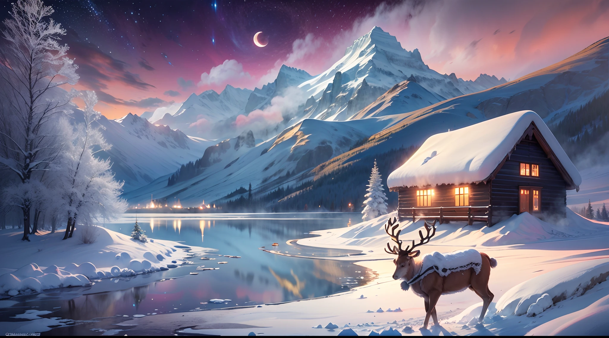 Best quality,A high resolution,(Masterpiece:1.2),Northern Lights,(Towering snow-capped mountains), (cottage house covered in snow),(reindeer),yukito,(sled),(​​clouds),mist,(moon),(galaxias), Breathtaking landscapes, Icy cliffs, Frozen lake, peacful, Majestic beauty, (Starry night), ethereal glowing, A miracle of nature, Peaceful solitude, Celestial wonders, vast, Natural phenomena, Silent night, Serene reflection, glittering stars, Mysterious charm