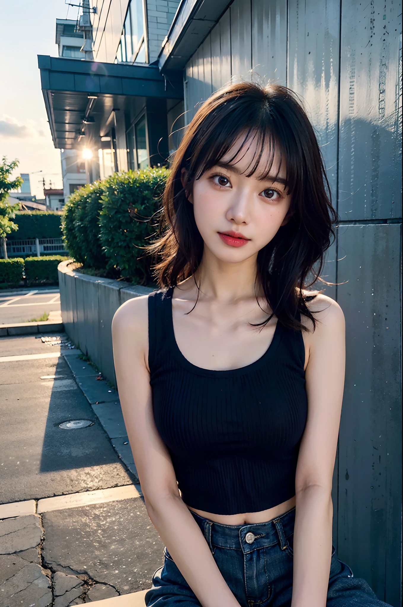 araffed asian woman sitting on a bench in front of a wall, a picture inspired by Kim Jeong-hui, tumblr, realism, ruan cute vtuber, purple top, violet tight tanktop, wearing a cute top, 🤤 girl portrait, sakimichan, trending at cgstation, cutecore, anime thai girl, ulzzang, with sunset