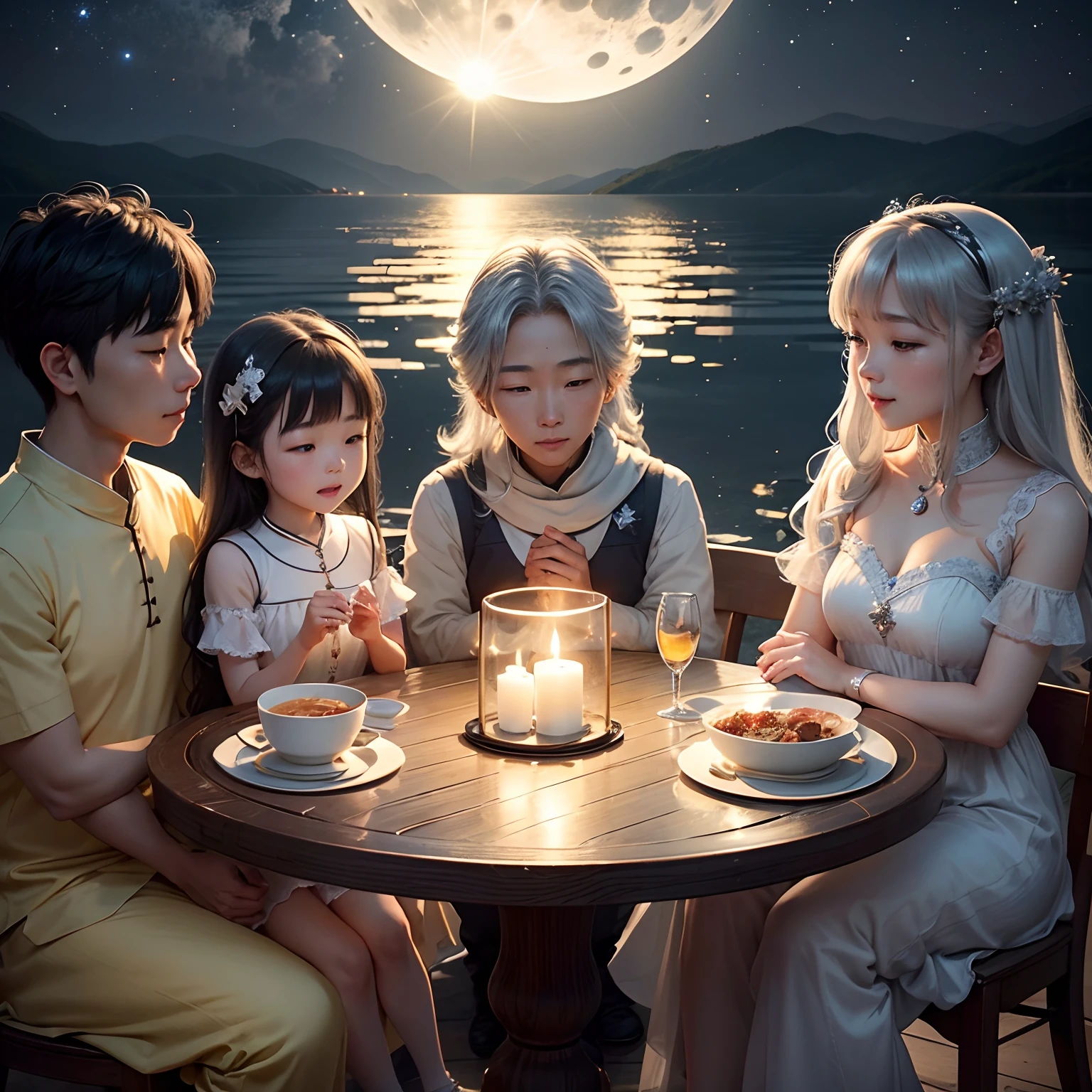 Mid-Autumn Night，The moonlight is shining，Sprinkle on the earth，It's like a layer of silver tulle。The family sat together，Share this moment of tranquility，Laughter conveys a warm atmosphere。Look up at the bright full moon，My heart couldn't help but feel longing for the distant place and feelings for reunion。