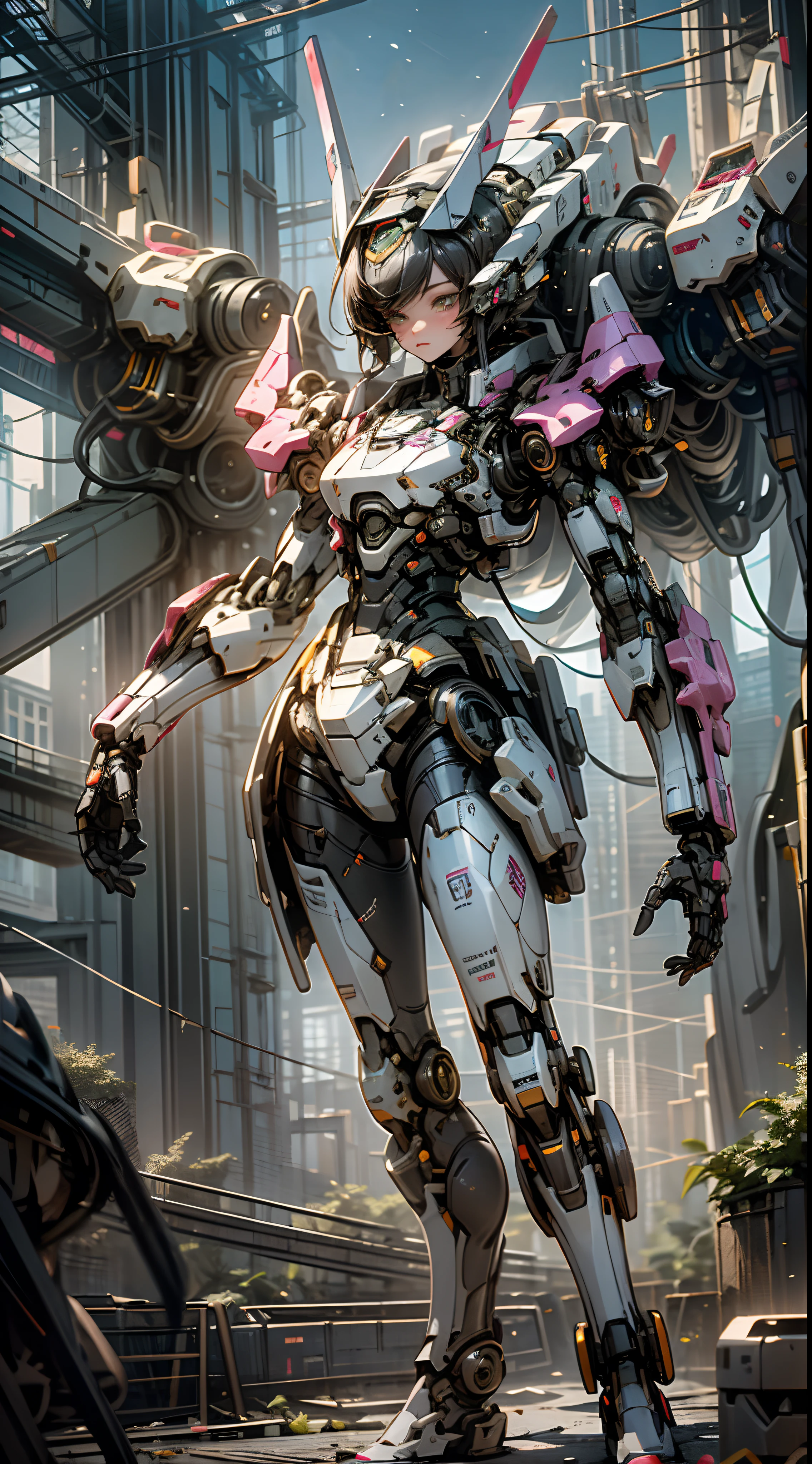 ((Best Quality)), ((Masterpiece)), (Very Detailed:1.3), 3D, Shitu-mecha, Beautiful cyberpunk woman with her pink mech in the ruins of a city in the forgotten war, Ancient technology, HDR (High Dynamic Range), ray tracing, NVIDIA RTX, super resolution, unreal 5, subsurface scattering, PBR texture, post-processing, anisotropic filtering, depth of field, maximum sharpness and sharpness, multi-layer texture, albedo and highlight maps, surface shading, Accurate simulation of light-material interactions, perfect proportions, octane rendering, duotone lighting, low ISO, white balance, rule of thirds, wide aperture, 8K RAW, high efficiency sub-pixels, subpixel convolution, luminous particles, light scattering, tyndall effect (whole body), (delicate facial features), (perfect face), dynamic angles.