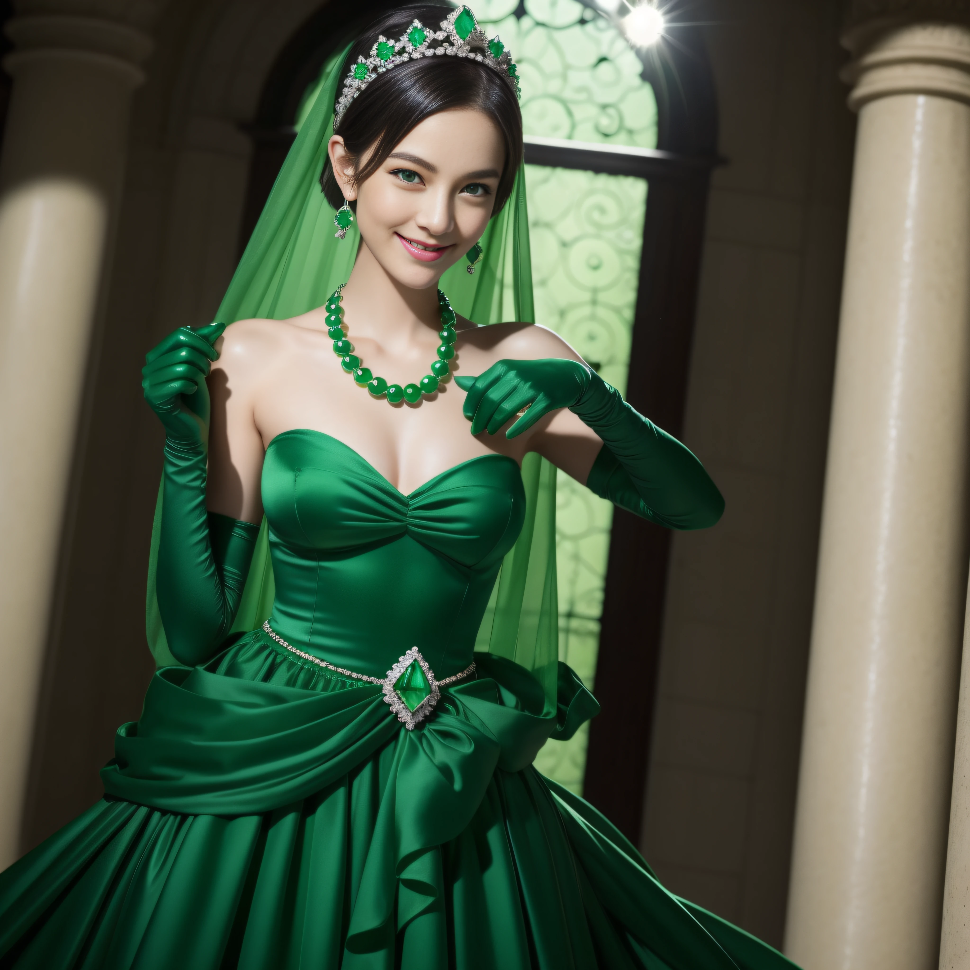 emerald tiara, Green Pearl Necklace, Boyish very short green hair, lipsticks, Japan woman smiling, very short short hair, fist, big breasts beautiful, Green eyes, Long green gloves made of satin material, Green eyes, Emerald Earrings