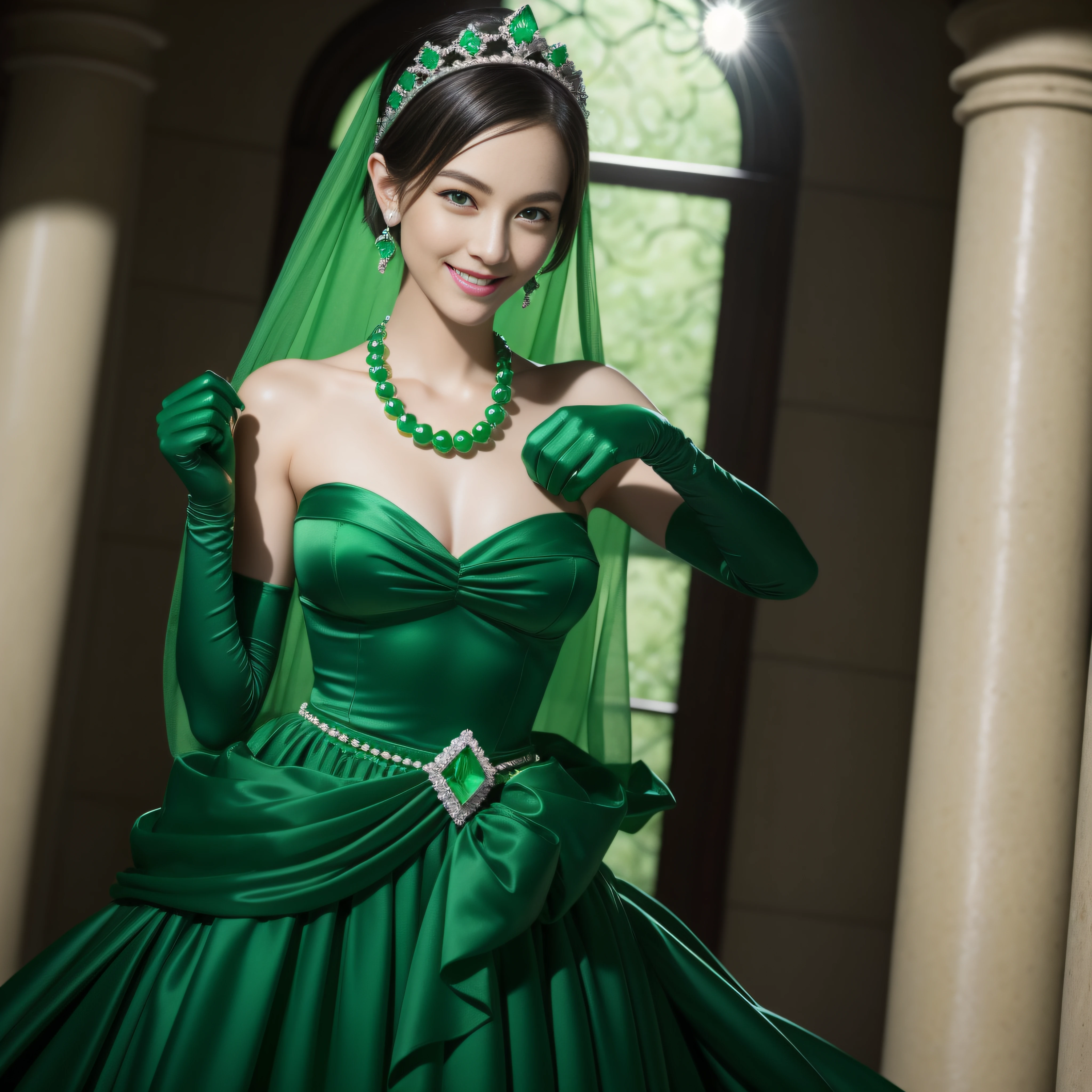 emerald tiara, Green Pearl Necklace, Boyish very short green hair, lipsticks, Japan woman smiling, very short short hair, fist, big breasts beautiful, Green eyes, Long green gloves made of satin material, Green eyes, Emerald Earrings