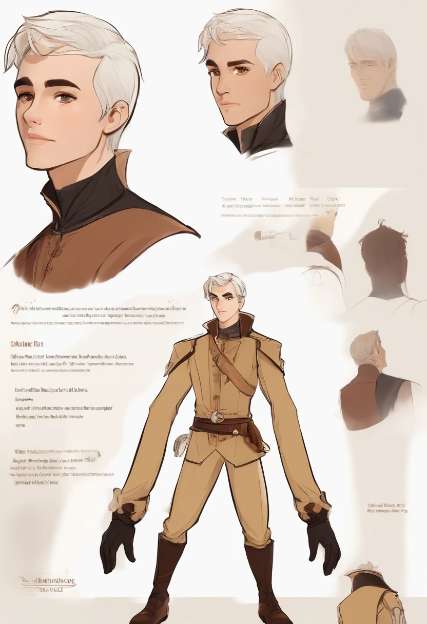 a man character with short white hair and bangs, gold eyes and wearing a medieval shirt and pants, brown boots, different angles, in the style of Miraculous Ladybug, character sheet, white background --ar 3:2, character poses, looks like celebrity Skeet Ulrich and Johnny Deep