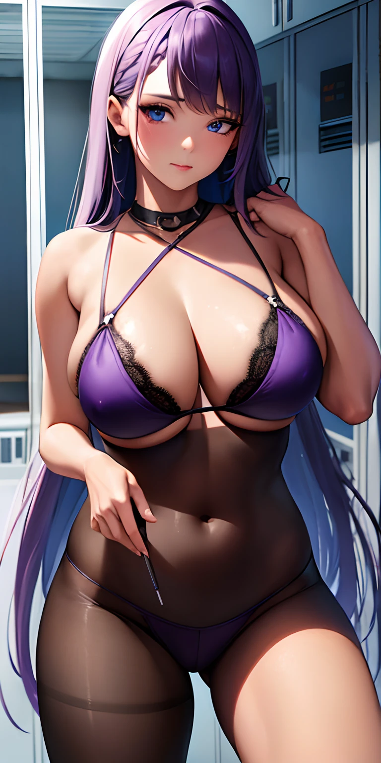1girl, (purple bra,black pantyhose), indoors,In front of the lockers,gray long hair,The hair on the side of the ear is braided back,blue eyes ,Body bent,dark skin,detailed face, detailed eyes, huge breasts, shiny skin, looking at the audience, (8k, RAW photo, best quality, masterpiece: 1.2), (realistic, realistic: 1.37), ultra-high resolution