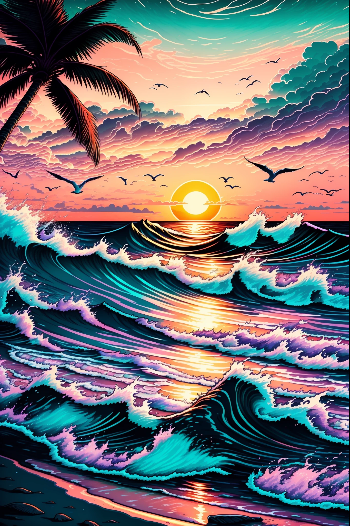 Create an exquisite coastal sunset scene with a serene beach, waves gently lapping the shore, and a vibrant sky painted in shades of orange, pink, and purple. Ensure it's of the highest quality, whether 4k, 8k, or even reaching masterpiece-level clarity at 1.2. Infuse an incredible level of detail, striving for photorealistic precision at a scale of 1.37. Utilize warm and soothing colors, and employ dramatic lighting to enhance the coastal ambiance. Capture the essence of tranquility with the sound of ocean waves instead of crackling flames, and replace the forest with a sandy shoreline. Include seagulls in the background for a peaceful seaside atmosphere.