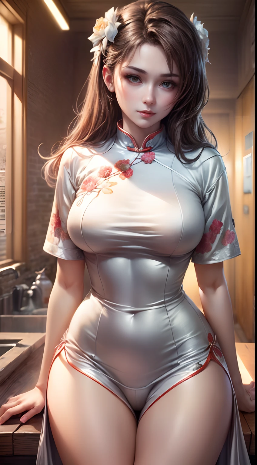 (Best quality, Masterpiece, Extremely detailed CG, Game CG:1.5), full bodyesbian,1 girl,An extremely delicate and beautiful girl, Extremely detailed eyes and face, beautiful detailed glow,Lagasprín,on cheongsam,Medium breast, illustration, Cinematic lighting, Best shadow,(White background:1.3)