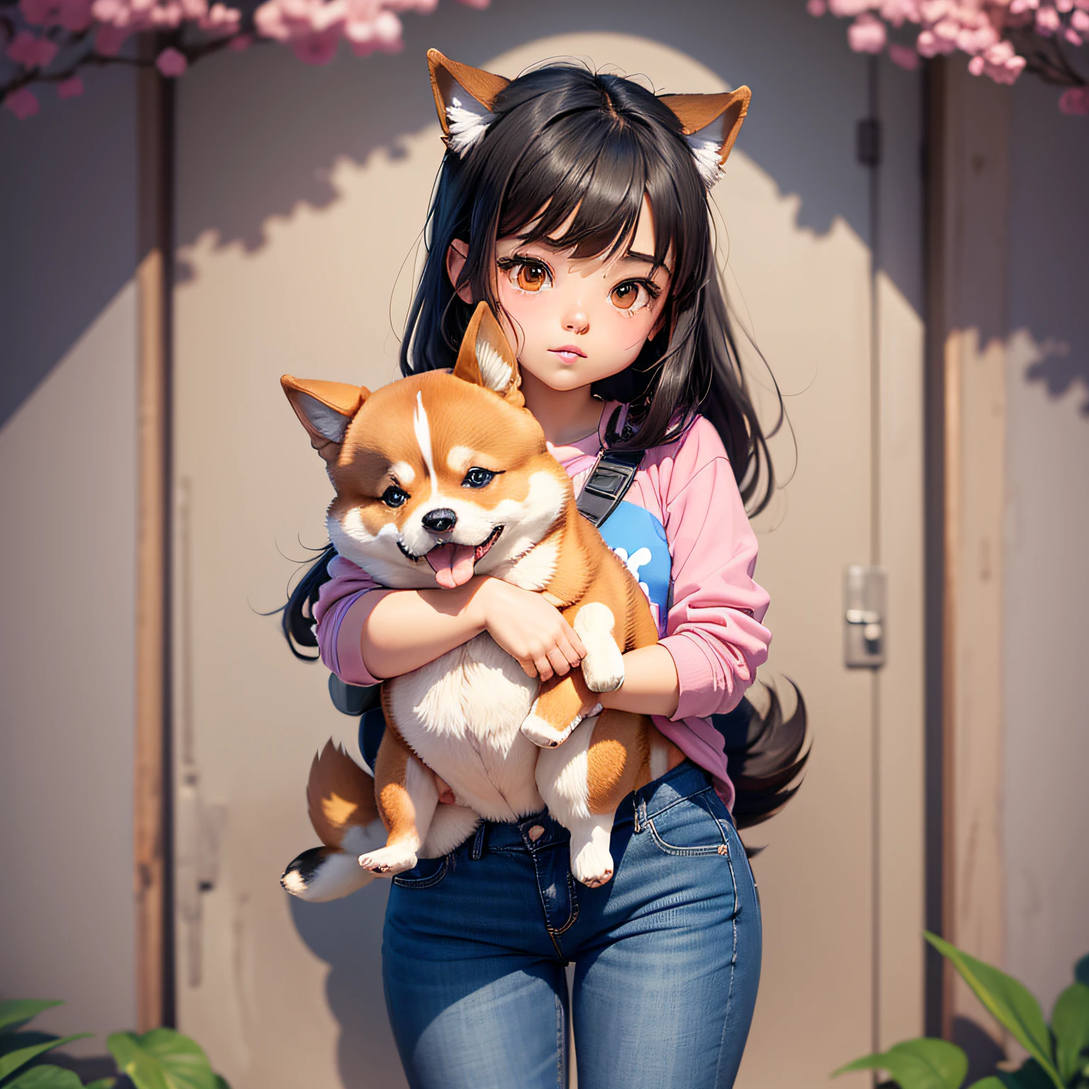 cartoon girl with a pink shirt and blue pants, no gradients, simple cartoon style, 2d game avatar on upper body, cartoon illustration, girl, cartoon vector style, small girl, avatar on upper body, cute cartoon, girl with black hair, woman with brown hair length, Girl standing, teenager, fifteen, cartoon style, cartoonish and simplistic, adolescent 15 years brown eyes in anhimation hugging a chubby shibainu --auto --s2