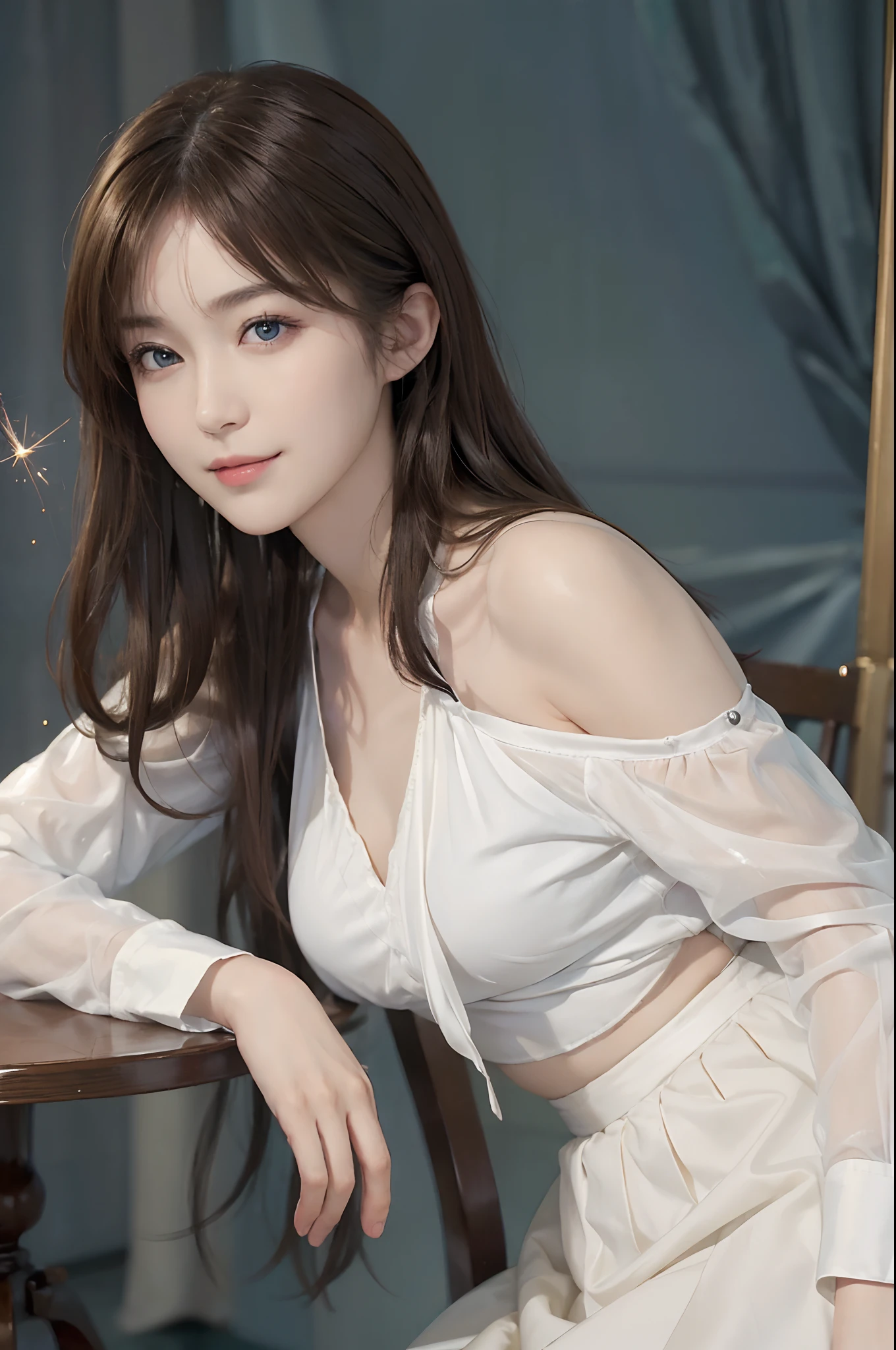 ((top-quality、masterpiece:1.3))、((Russian beauties))、1 female:2.0、18year old、Colossal tits:1.3、Slender body type:1.1、Toned abs、Blonde semi-long hair、Detailed lips、detailedeyes、二重まぶた、blue eyess、wide Shots、(Raw photography、top-quality)、(realisitic、Photorealsitic:1.3、day scene:1.5)、top-quality、masterpiece、extremely delicate and beautiful、extremely details CG、 absurderes、A smile、Erotic face、sparklers、omatsuri、skyrocket、Slouched、Nokezoru、Off-shoulder white shirt:1.8、flered skirt、merry-go-round