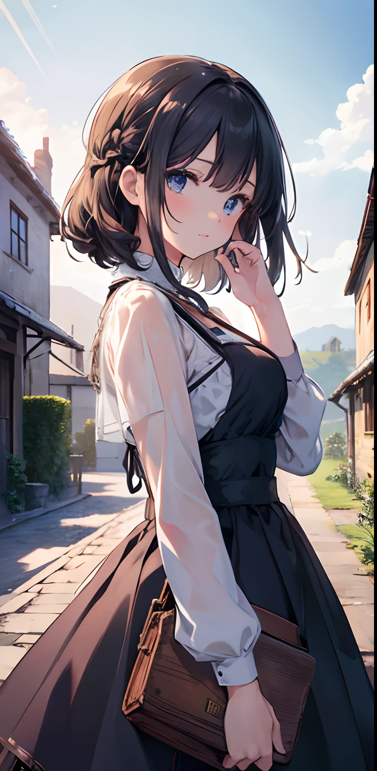 (masterpiece, best quality, ultra-detailed, illustration), pretty face, perfect body, 1girl, solo, dress, straps, village, old houses, outdoors, folk, legends