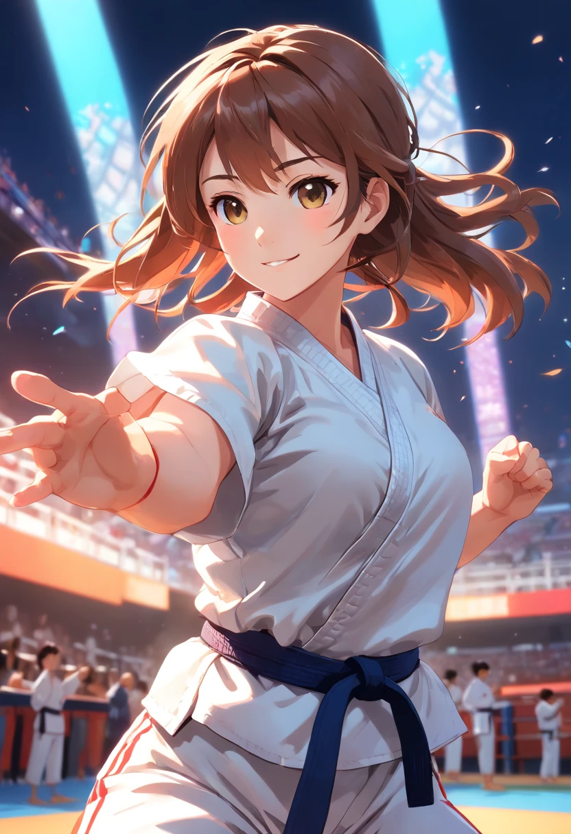 colorful animation stills, Honest portrayal, Whole body(masterpiece:1.3), (8K, hight resolution, a picture, Top image quality: 1.4), (1girl in), ligh brown hair, waved hair, attractive beautiful face, (A smile: 1.15), , Colossal tits、cleavage of the breast、Whole body, bare-legged(White Karate Uniform:1.4), Attractive body with soft curvaceous beauty, Bold sexy poses, perfect anatomia, TOKYOcty