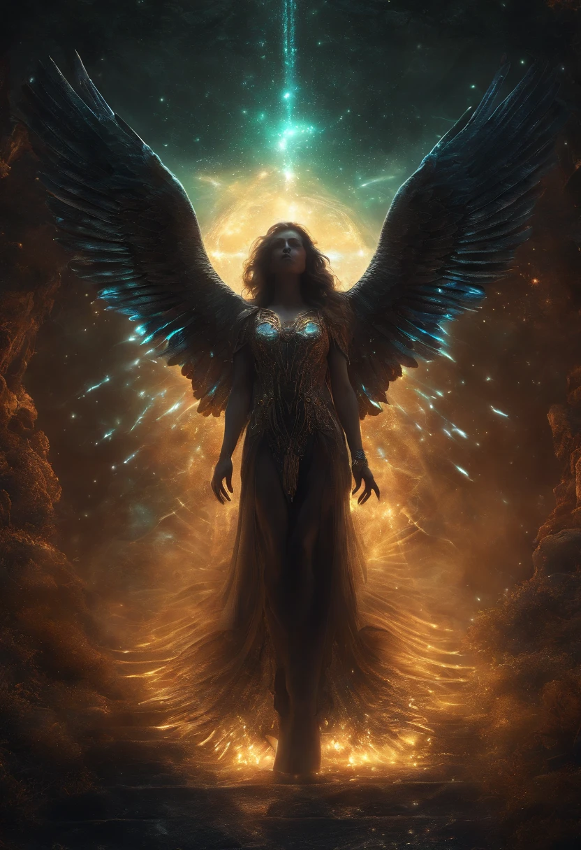 Cosmic Fallen Angel, glowing light eyes, Biomechanical, eerie, Creepy, nightmarish, Very bright colors, Light particles, with light glowing, Mshiv, wallpaper art, UHD wallpaper