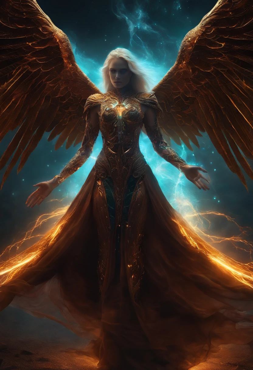 A woman with long, golden hair, with majestic wings on her back, is standing in a nocturnal landscape illuminated by a soft light. Her dress is golden and fluid, matching perfectly with the glow of the stars in the background.
