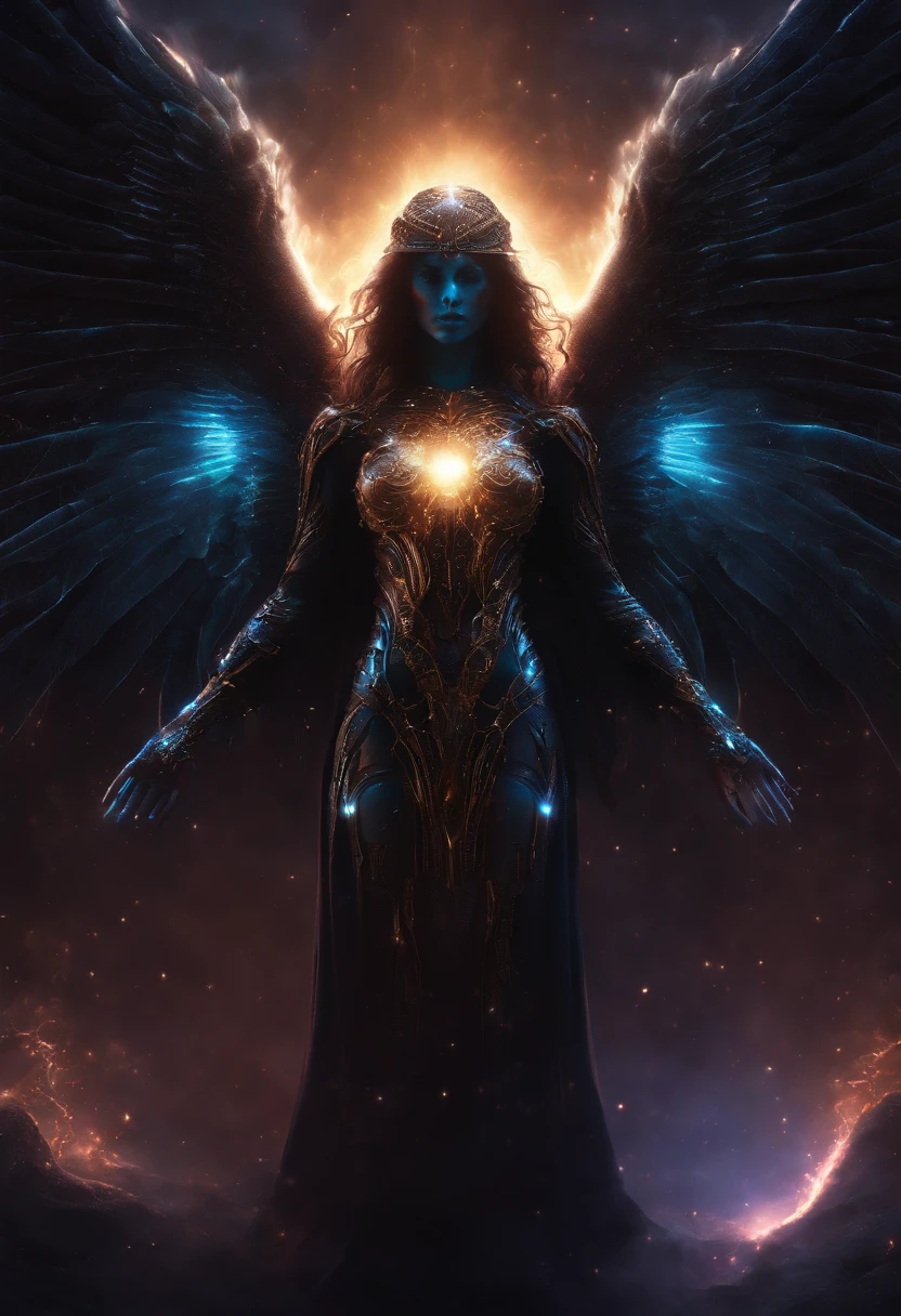 Cosmic Fallen Angel, glowing light eyes, Biomechanical, eerie, Creepy, nightmarish, Very bright colors, Light particles, with light glowing, Mshiv, wallpaper art, UHD wallpaper