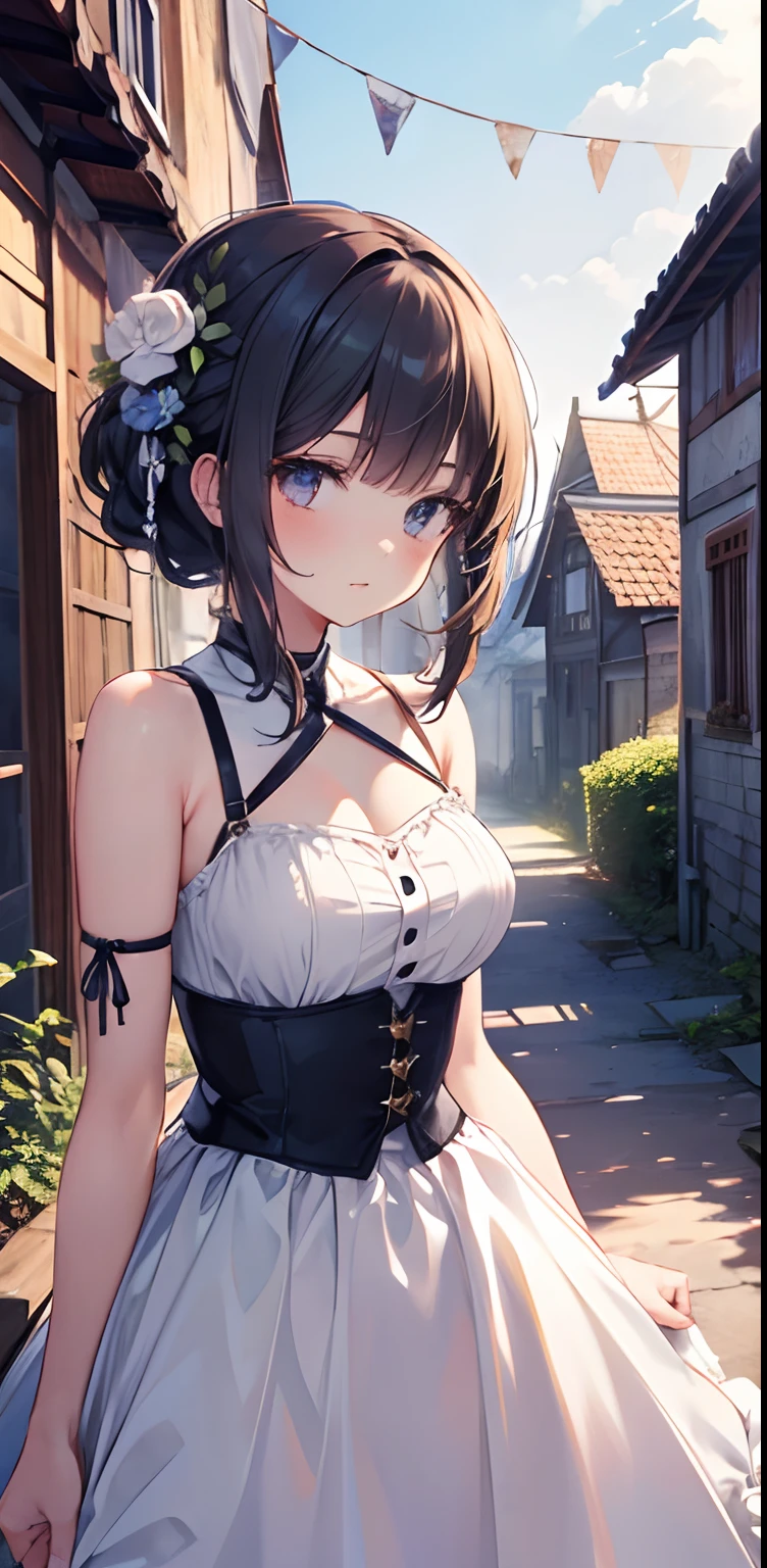 (masterpiece, best quality, ultra-detailed, illustration), pretty face, perfect body, 1girl, solo, dress, straps, village, old houses, outdoors, folk, legends