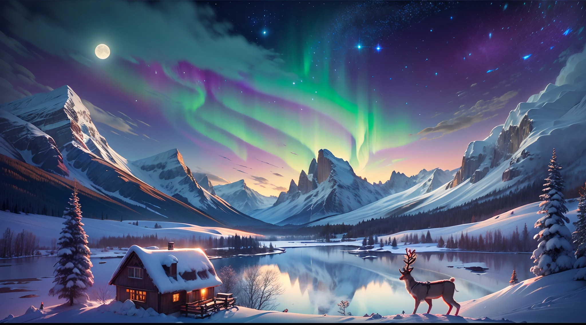 Best quality,A high resolution,(Masterpiece:1.2),Northern Lights,(Towering snow-capped mountains), (cottage house covered in snow),(reindeer),(sled),(clouds),mist,(moon),(galaxias), Breathtaking landscapes, Icy cliffs, Frozen lake, peacful, Majestic beauty, (Starry night), ethereal glowing, A miracle of nature, Peaceful solitude, Celestial wonders, vast, Natural phenomena, Silent night, Serene reflection, glittering stars, Mysterious charm