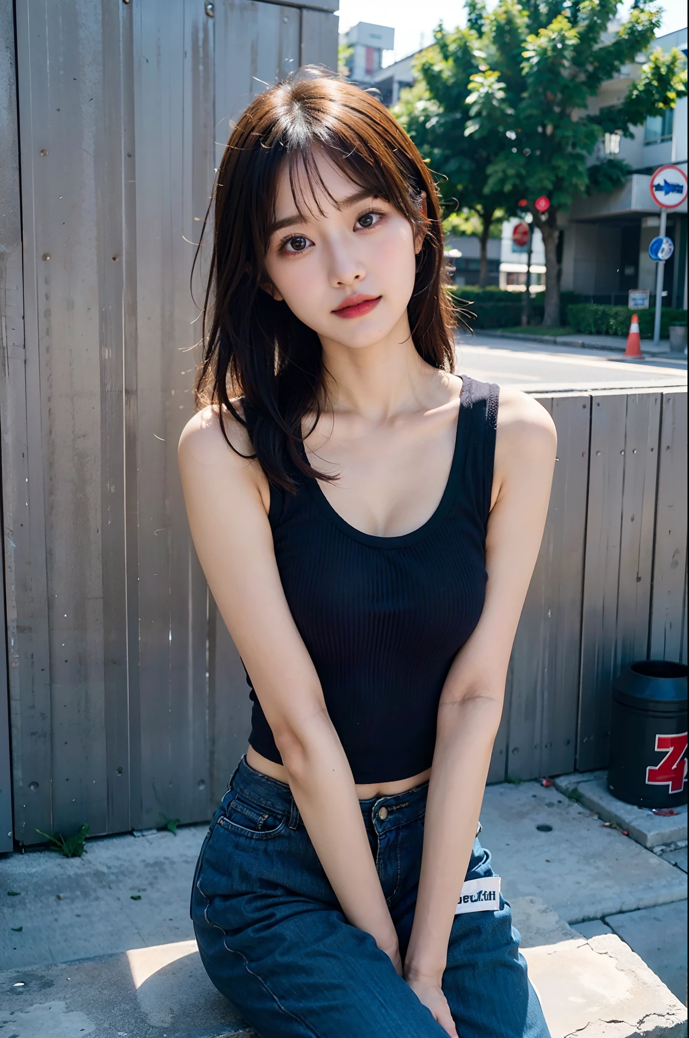 araffed asian woman sitting on a bench in front of a wall, a picture inspired by Kim Jeong-hui, tumblr, realism, ruan cute vtuber, purple top, violet tight tanktop, wearing a cute top, 🤤 girl portrait, sakimichan, trending at cgstation, cutecore, anime thai girl, ulzzang, with sunset