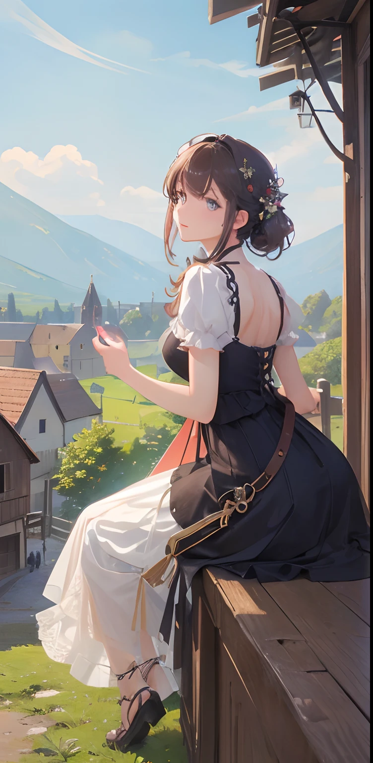 (masterpiece, best quality, ultra-detailed, illustration), pretty face, perfect body, 1girl, solo, dress, straps, village, old houses, outdoors, folk, legends