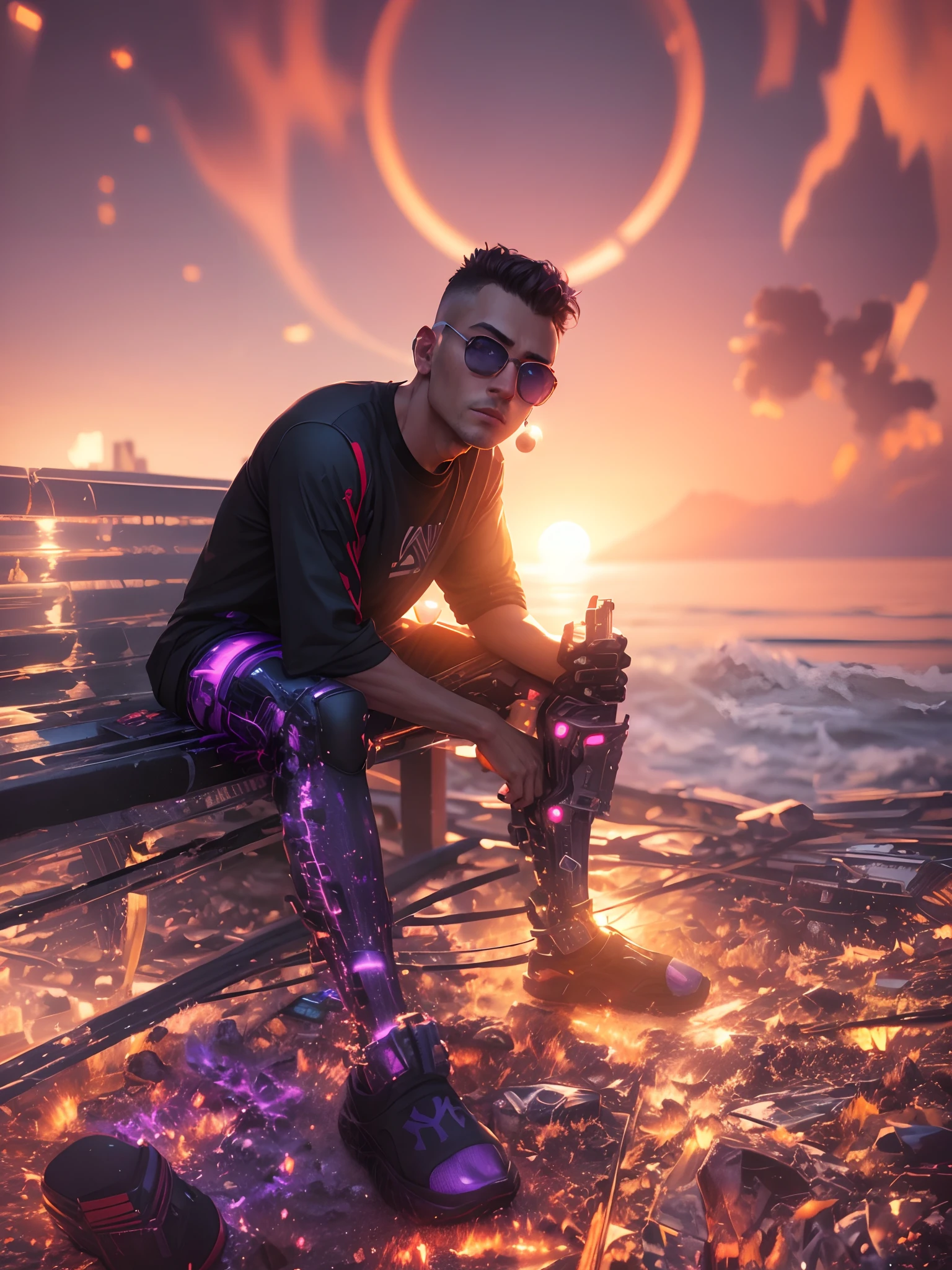 Realistic face, cyberpunk, handsome boy background change on sea beach sunset time, 8k