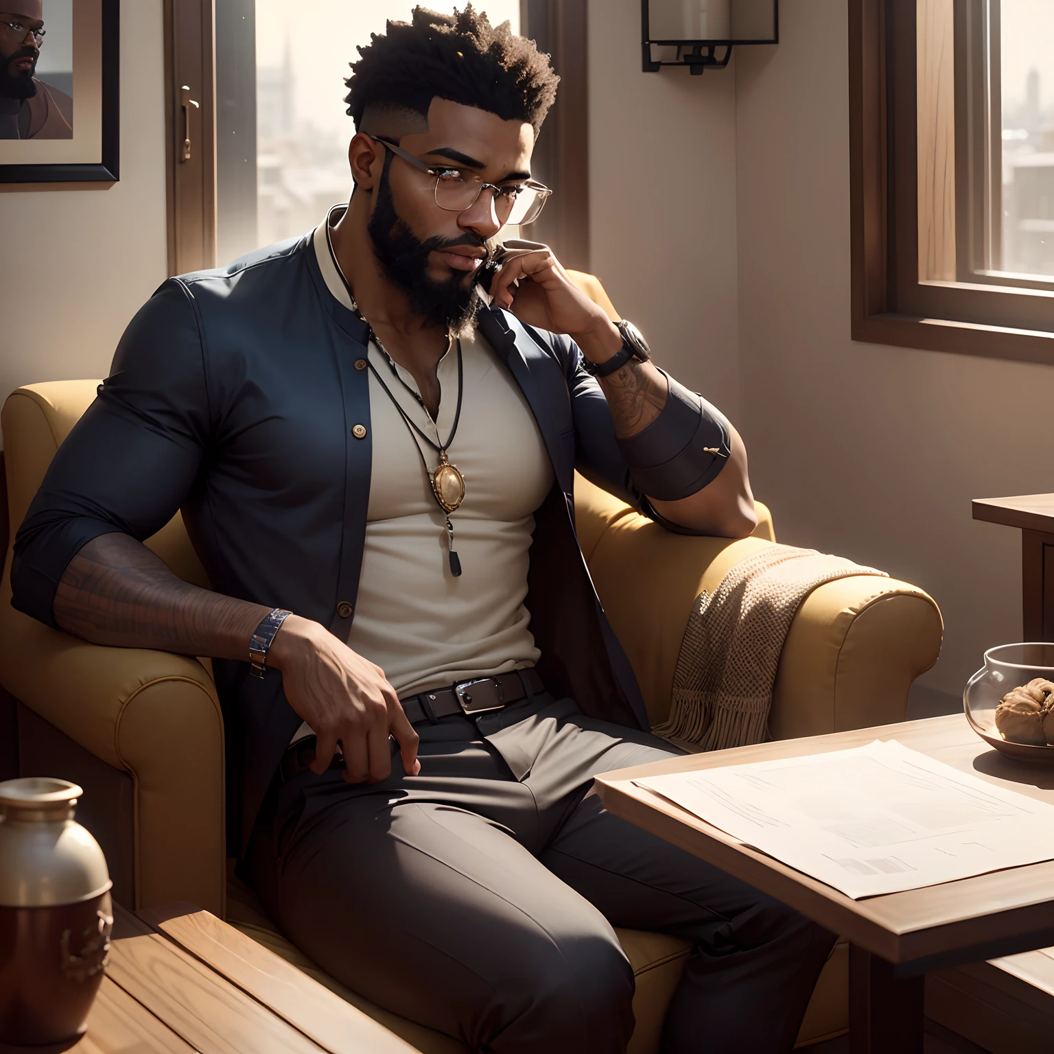 there is a man with glasses and a beard sitting in front of a window, mohamed chahin, david uzochukwu, 8k selfie photograph, riyahd cassiem, avatar image, george pemba, by Ismail Gulgee, emmanuel shiru, thomas kinkaide, by Chinwe Chukwuogo-Roy, profile photo, without beard