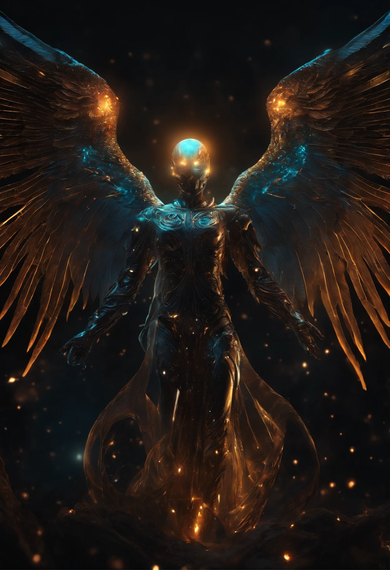 Cosmic Fallen Angel, glowing light eyes, Biomechanical, eerie, Creepy, nightmarish, Very bright colors, Light particles, with light glowing, Mshiv, wallpaper art, UHD wallpaper