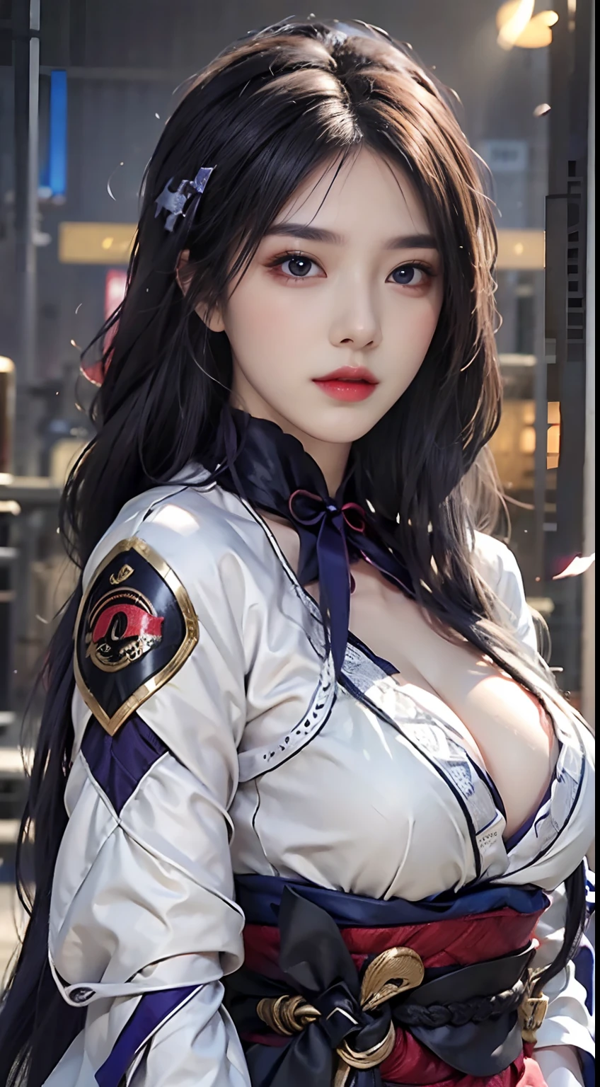 Photorealistic, high resolution, 1 girl, White long hair, Beautiful eyes, normal breast, Raiden General costume