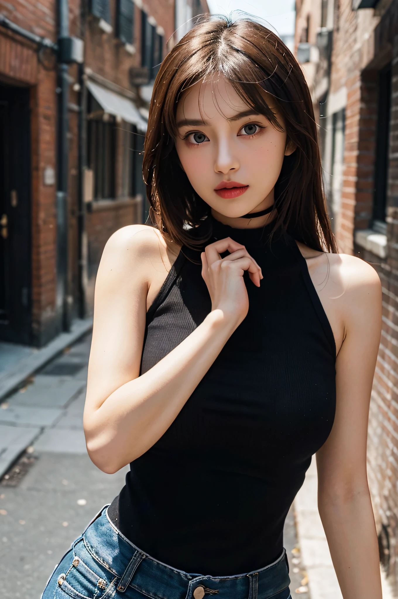 ((Lighting like fashion, Realistic lighting, Best Quality, 8K, masutepiece)), ((Clear focus:1.4)), BREAK ((Two kawaii girl, Two Women, Duo), Very Beautiful Women in their late 20s, Change face type randomly & Women's hair:1.2), BREAK (Perfect beauty, ((Very Porcelain Skin, Very Fair Skin, Fine and Beautiful Skin:1.2)), Super Smart, Faces with random and very beautiful details, Fine face, Symmetrical beautiful face, symmetrical beautiful eyes, (Fine Eyes Detail, (Large eyes)), Hyper Detail Eyes, Both eyes are synchronized, Focused Gaze, on focus, Look at us, Thin Lips, (Crimson Red Color Lipstick):1.4), BREAK ((7 Head-toll, (sloped shoulder, narrow shoulders, thin upper chest, Thin under the chest, thin waist))), (E cup, (Huge Breasts), Soft and Well-Shaped Breasts)), (Random Length Straight Hair with Bangs), (Exquisite beautiful facial features) BREAK ((Sleeveless, Turtleneck, Tight Summer Knit)), BREAK (Black Choker), slim figure, BREAK (Random emotions, Random poses conscious of body lines synchronized with emotions, randam angle, Random Location, Random position:1.2), (In a dark alleyway), Double eyelids,