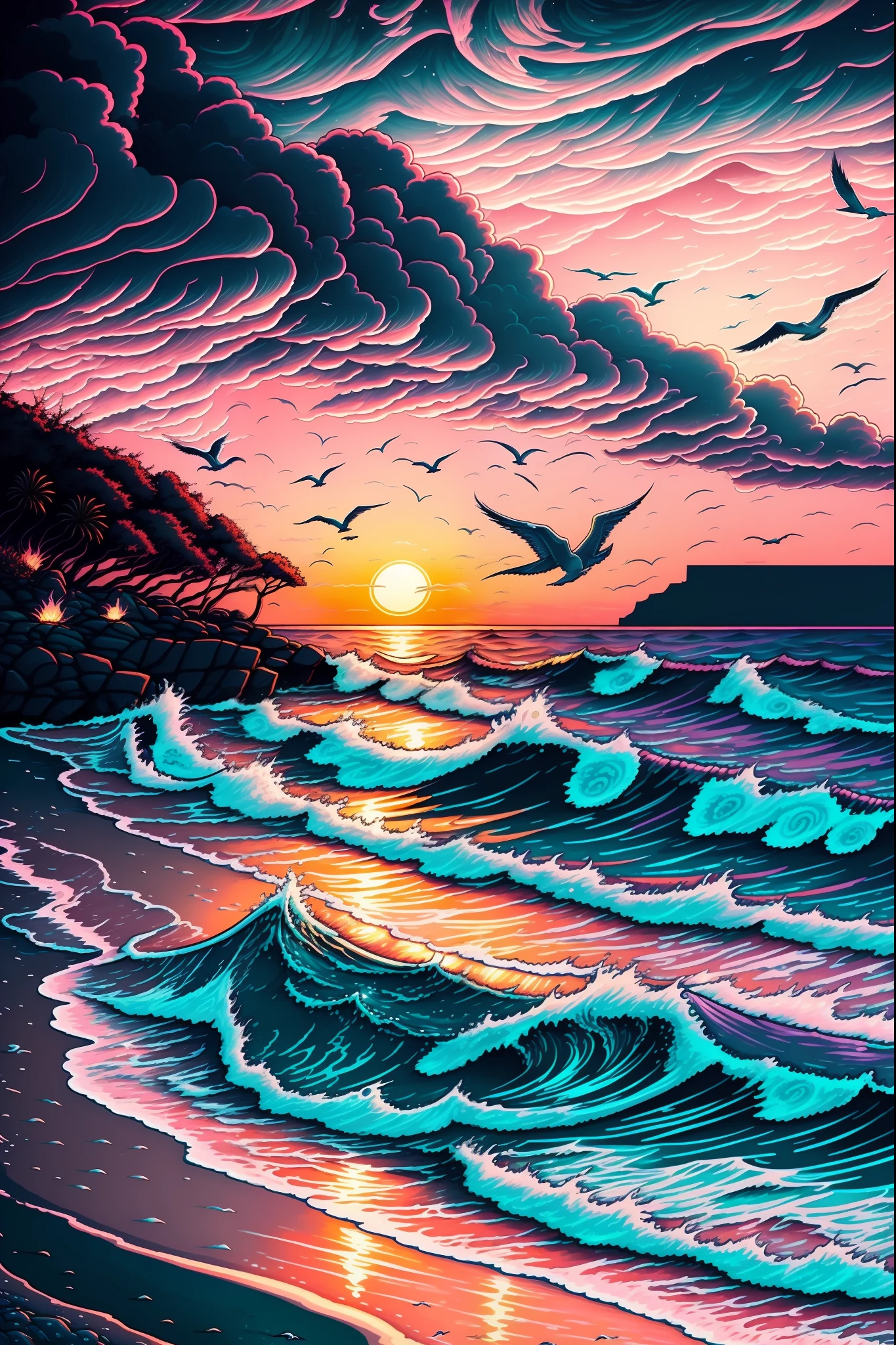 Create an exquisite coastal sunset scene with a serene beach, waves gently lapping the shore, and a vibrant sky painted in shades of orange, pink, and purple. Ensure it's of the highest quality, whether 4k, 8k, or even reaching masterpiece-level clarity at 1.2. Infuse an incredible level of detail, striving for photorealistic precision at a scale of 1.37. Utilize warm and soothing colors, and employ dramatic lighting to enhance the coastal ambiance. Capture the essence of tranquility with the sound of ocean waves instead of crackling flames, and replace the forest with a sandy shoreline. Include seagulls in the background for a peaceful seaside atmosphere.