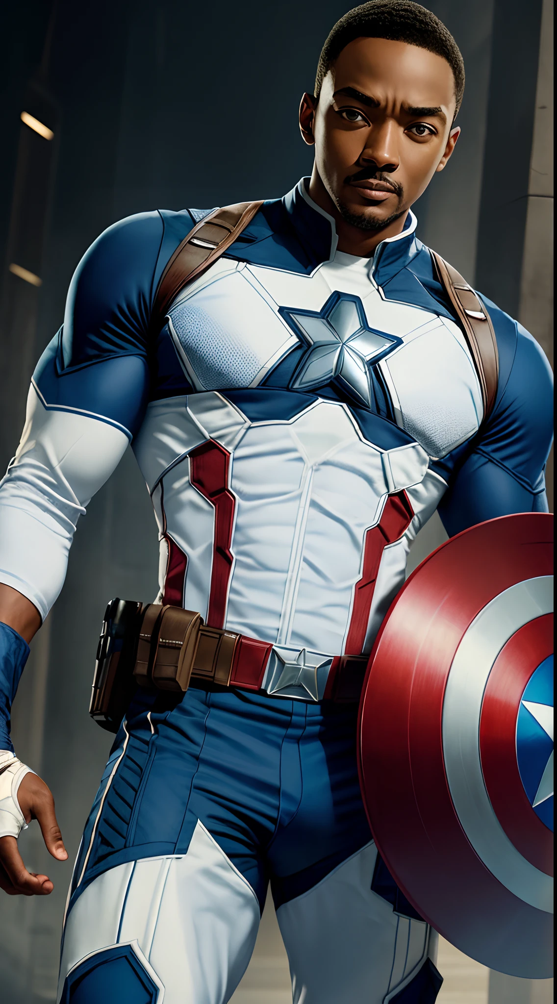 anthony mackie is Captain America wearing (((white and blue uniform))) super strong, muscular, ABS, Bodybuilder, 35mm lens, photography, ultra details, HDR, UHD,8K