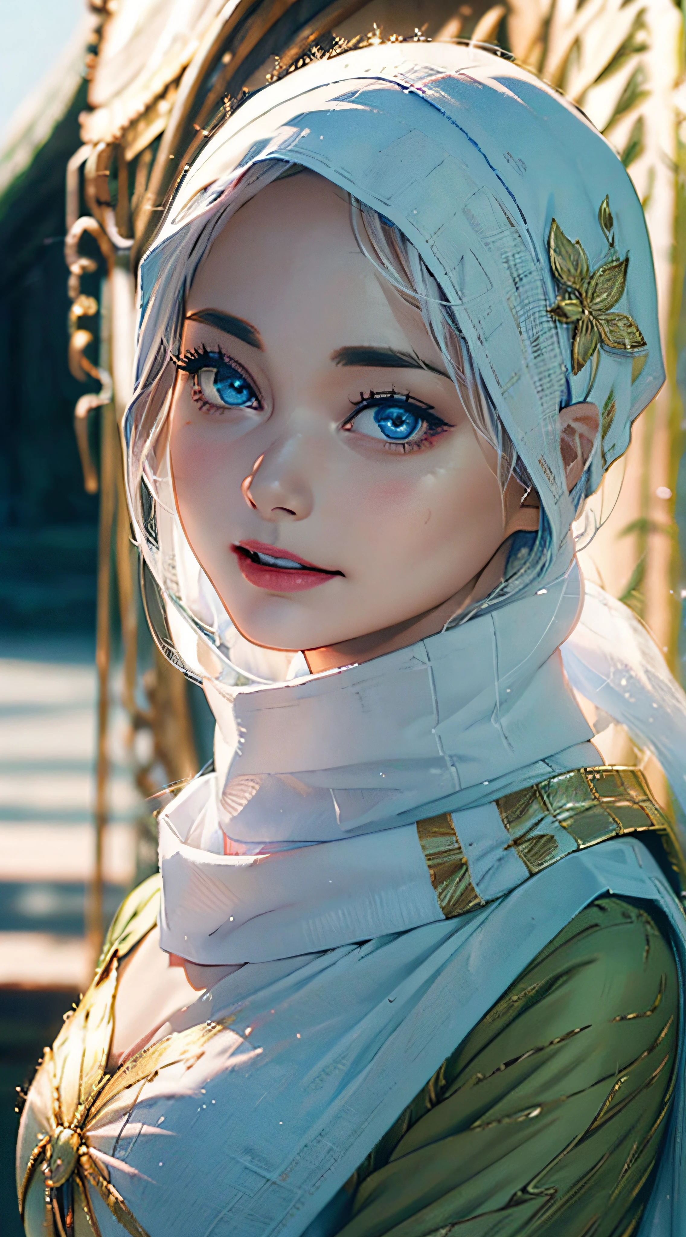 (1girl:1.3), solo,__body parts__, official art, unity 8k wallpaper, highly detailed, beautiful and aesthetic, masterpiece, best quality, RAW, masterpiece, super nice photo,, best quality, super high resolution, photorealistic, sunlight , full body portrait, stunningly beautiful,, dynamic pose, delicate face, bright eyes, (front view), wearing a white hijab, blue eyes, she wears a white hijab and also wears plain dark green with gold edges, facial details, beautiful, like milk, high detailed skin, realistic skin details, visible pores, sharp focus, uhd 8k, dslr camera, high quality, film grain, white skin, photorealism, highly detailed mosque background