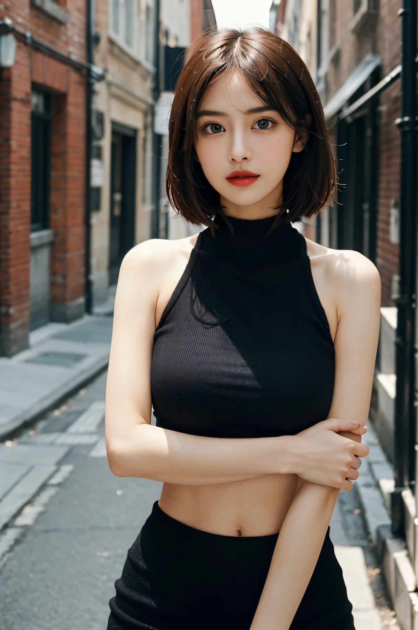 ((Lighting like fashion, Realistic lighting, Best Quality, 8K, masutepiece)), ((Clear focus:1.4)), BREAK ((Two kawaii girl, Two Women, Duo), Very Beautiful Women in their late 10s, Change face type randomly & Women's hair:1.2), BREAK (Perfect beauty, ((Very Porcelain Skin, Very Fair Skin, Fine and Beautiful Skin:1.2)), Super Smart, Faces with random and very beautiful details, Fine face, Symmetrical beautiful face, symmetrical beautiful eyes, (Fine Eyes Detail, (Large eyes)), Hyper Detail Eyes, Both eyes are synchronized, Focused Gaze, on focus, Look at us, Thin Lips, (Crimson Red Color Lipstick):1.4), BREAK ((7 Head-toll, (sloped shoulder, narrow shoulders, thin upper chest, Thin under the chest, thin waist))), (E cup, (Huge Breasts), Soft and Well-Shaped Breasts)), (Random Length Straight Hair with Bangs), (Exquisite beautiful facial features) BREAK ((Sleeveless, Turtleneck, Tight Summer Knit)), BREAK (Black Choker), slim figure, BREAK (Random emotions, Random poses conscious of body lines synchronized with emotions, randam angle, Random Location, Random position:1.2), (In a dark alleyway), Double eyelids,