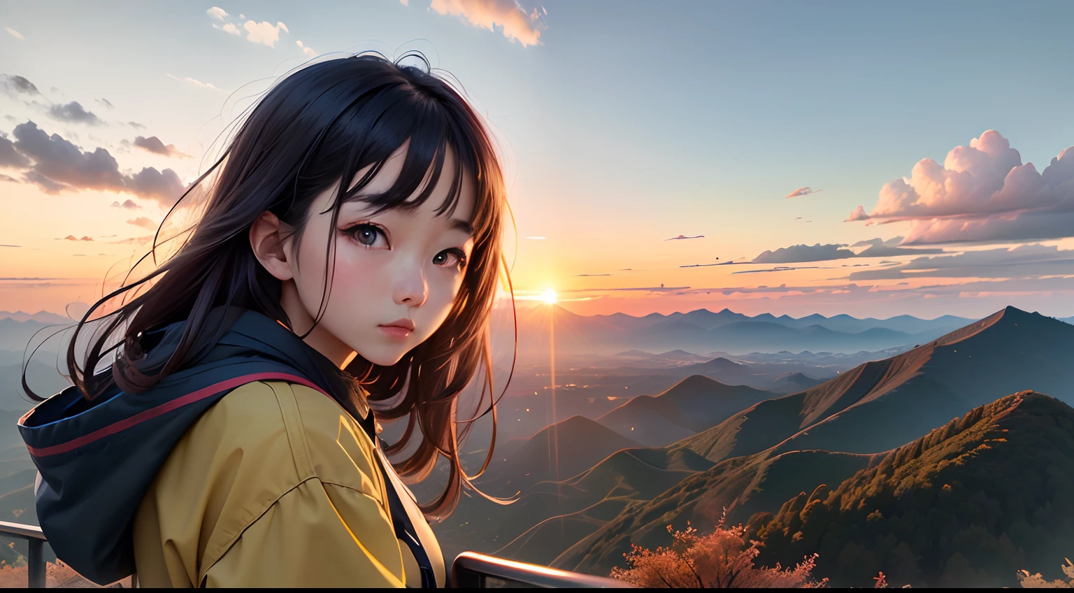 The early morning sun was beautiful、horizon，As the sky is getting brighter、Huge autumn clouds、Vibrant colors、Girl watching from the top of a mountain in the distance