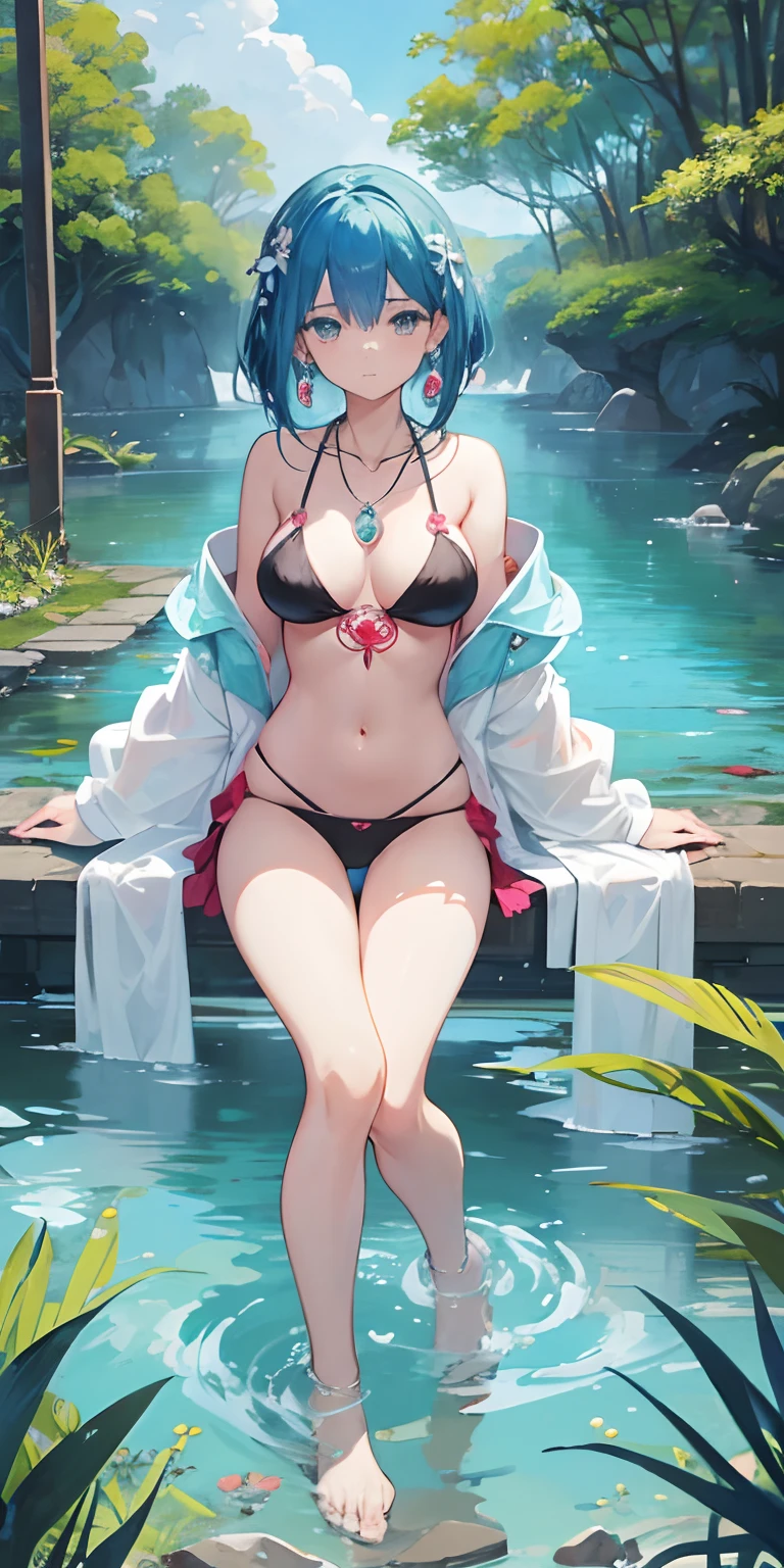 a girl wearing an anime necklace, a long necklace and earrings, in the style of tranquil garden landscapes, color animation photos, Masami Teraoka, aquamarine, Paulo Gauguin, Embry Style, honest portrait, bikini, sexy