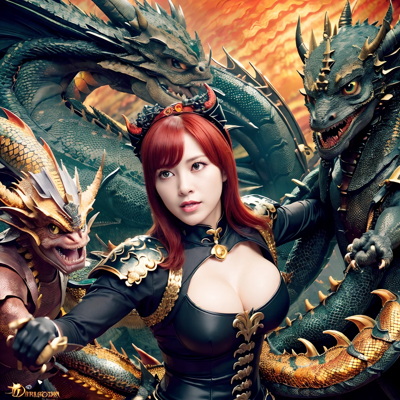 (The Ultimate Beauty Face), Professional , masterpiece、top-quality、photos realistic , depth of fields (Gemstone Black Metal Body:1.4),(Matte Black、(cleavage of the breast)、Dragon Gold Weapon,Mystical expression、Particles of light、((((Fight dragons)))、(Dragon Metal Body:1.4),Gorgeous Silver Weapons ,(( Dragon's dense and gorgeous sword)) , Beautiful knife ,(),warhammer 40k , adepta sororitas,Detail and gorgeous crown、((Red hair))、(Castle background)、、((Gangle's forest background))、Beautiful Caucasian beauty、1a person、dynamic ungle,(((Detailed and ornate Black Devil Crown)))、Smaller head、A smile、Castle background、Thin and beautiful female hands、cleavage of the breast、Soldier in iron armor on background、Mystical expression、Light Effects、intense fighting、Wind-effect、magic circles、With the legendary magic wand、(demonic wings)、