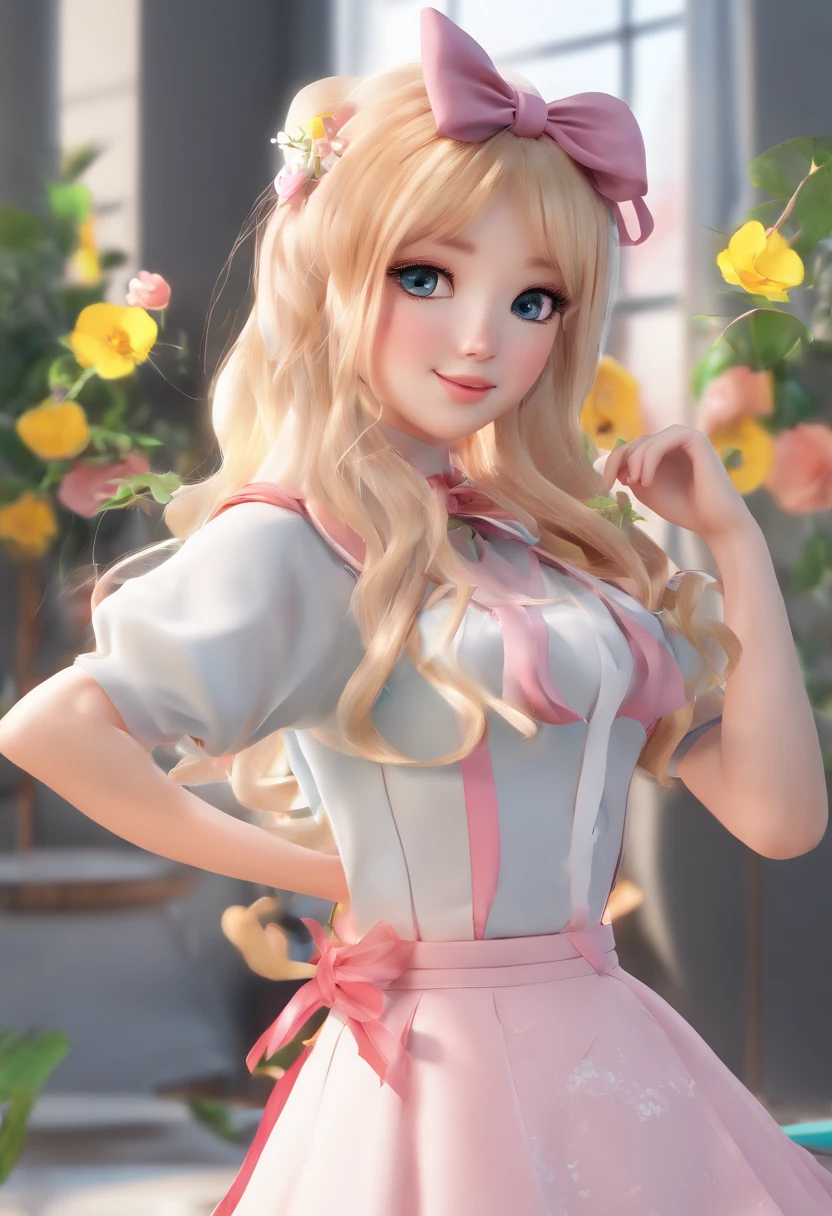 Portfolio piece, Best quality, Girl, Long hair alternatives, Absurdly long hair, Blonde hair, bow hair, aqua eyes, Seductive smile, Tongue stock, Black eyes, long eyelasher, Big breasts, Mole on the chest, White shirt, Short black skirt, shoes, pendant, Hair ribbon, flower ribbon, Hair_ribbon, Hair_ribbon, Hair_flower,CG diagram