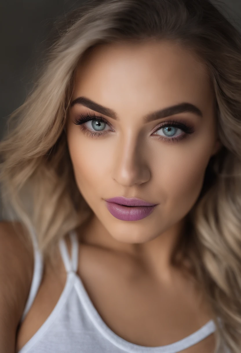 Woman with tank top, grosse poitrine et culotte assortis, fille sexy aux yeux bleus, Portrait Sophie Mudd, Portrait de Corinna Kopf, cheveux blonds et grands yeux, selfie of a young woman, Les yeux dans la chambre, Violet Myers, ohne Maquillage, maquillage naturel, Look directly into the camera, Visage avec Artgram, dezentes Maquillage, Superbe photo du corps entier, dans la chambre, Fission