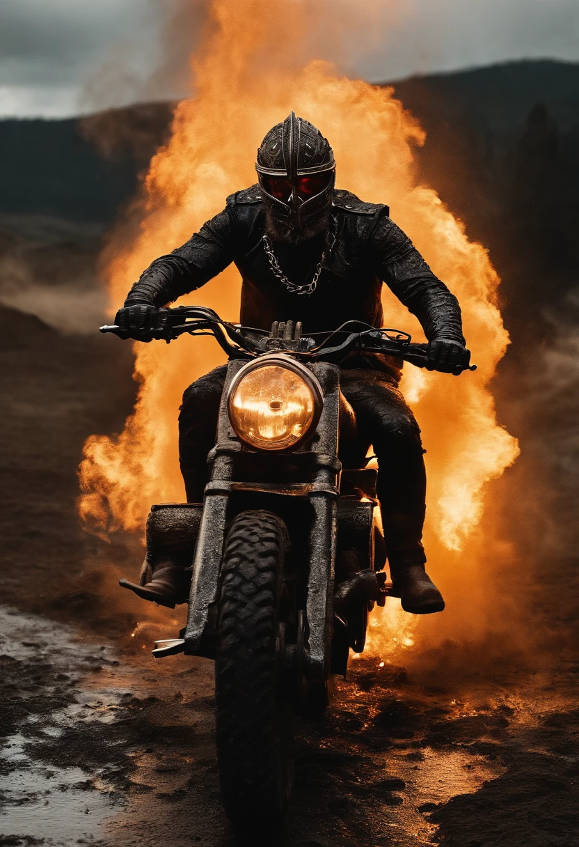 close-up (Viking-style Marvel's Ghost Rider: 1.3) Coming out of wet black mud, Extremely detailed, Smoke, sparks, metal shavings, flying debris, Volumetric Lights