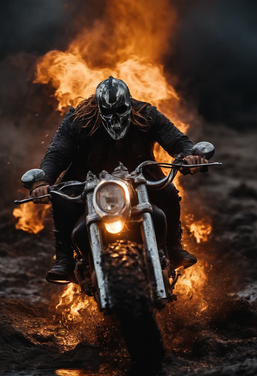 close-up (Viking-style Marvel's Ghost Rider: 1.3) Coming out of wet black mud, Extremely detailed, Smoke, sparks, metal shavings, flying debris, Volumetric Lights