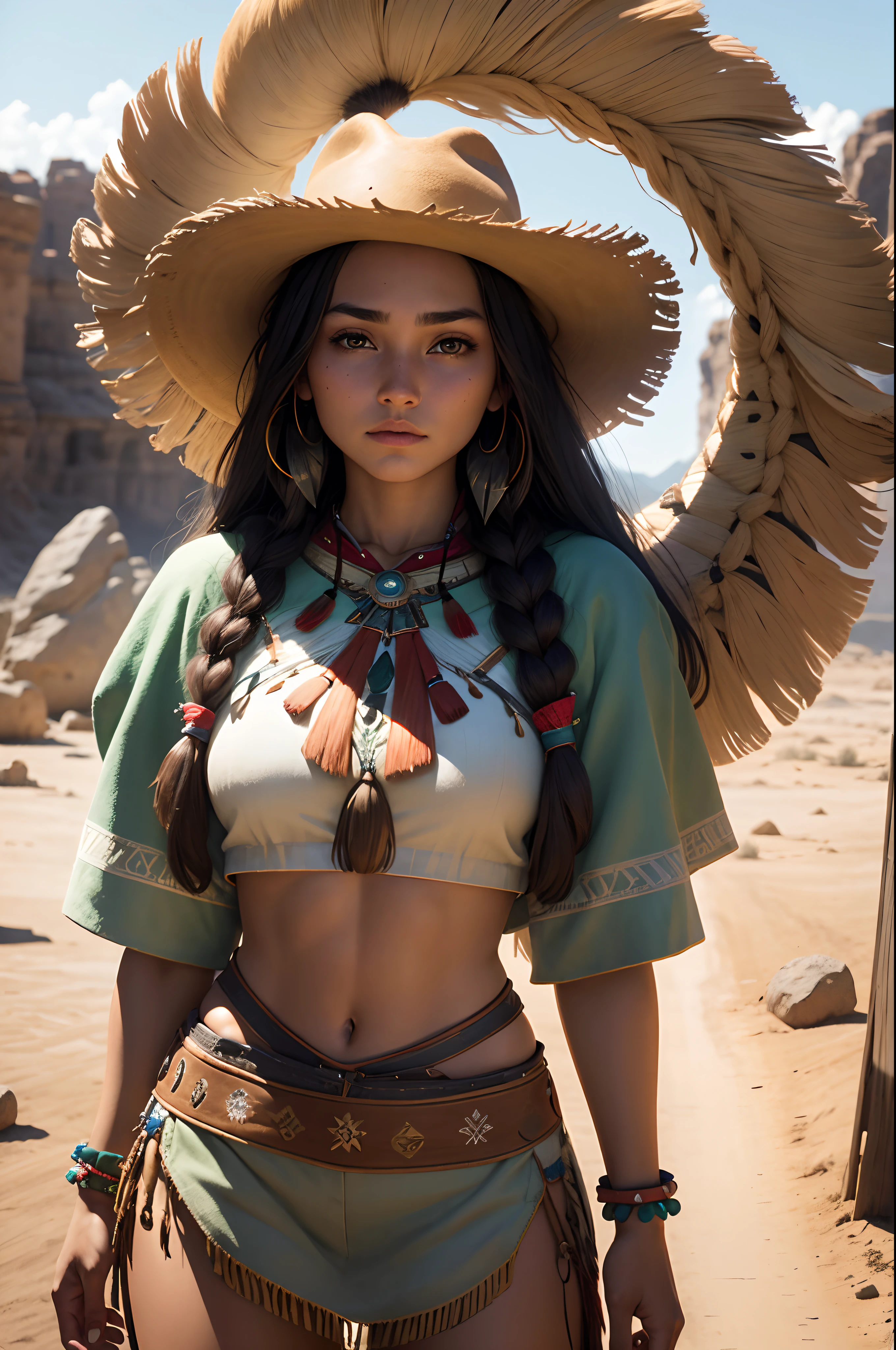 Pretty young Native American woman, chapeau de cowboy, yeux verts, Ultra realistic photo, avec une sucette