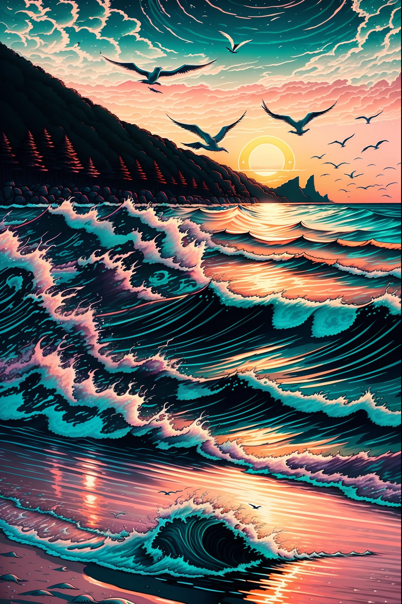 Create an exquisite coastal sunset scene with a serene beach, waves gently lapping the shore, and a vibrant sky painted in shades of orange, pink, and purple. Ensure it's of the highest quality, whether 4k, 8k, or even reaching masterpiece-level clarity at 1.2. Infuse an incredible level of detail, striving for photorealistic precision at a scale of 1.37. Utilize warm and soothing colors, and employ dramatic lighting to enhance the coastal ambiance. Capture the essence of tranquility with the sound of ocean waves instead of crackling flames, and replace the forest with a sandy shoreline. Include seagulls in the background for a peaceful seaside atmosphere.