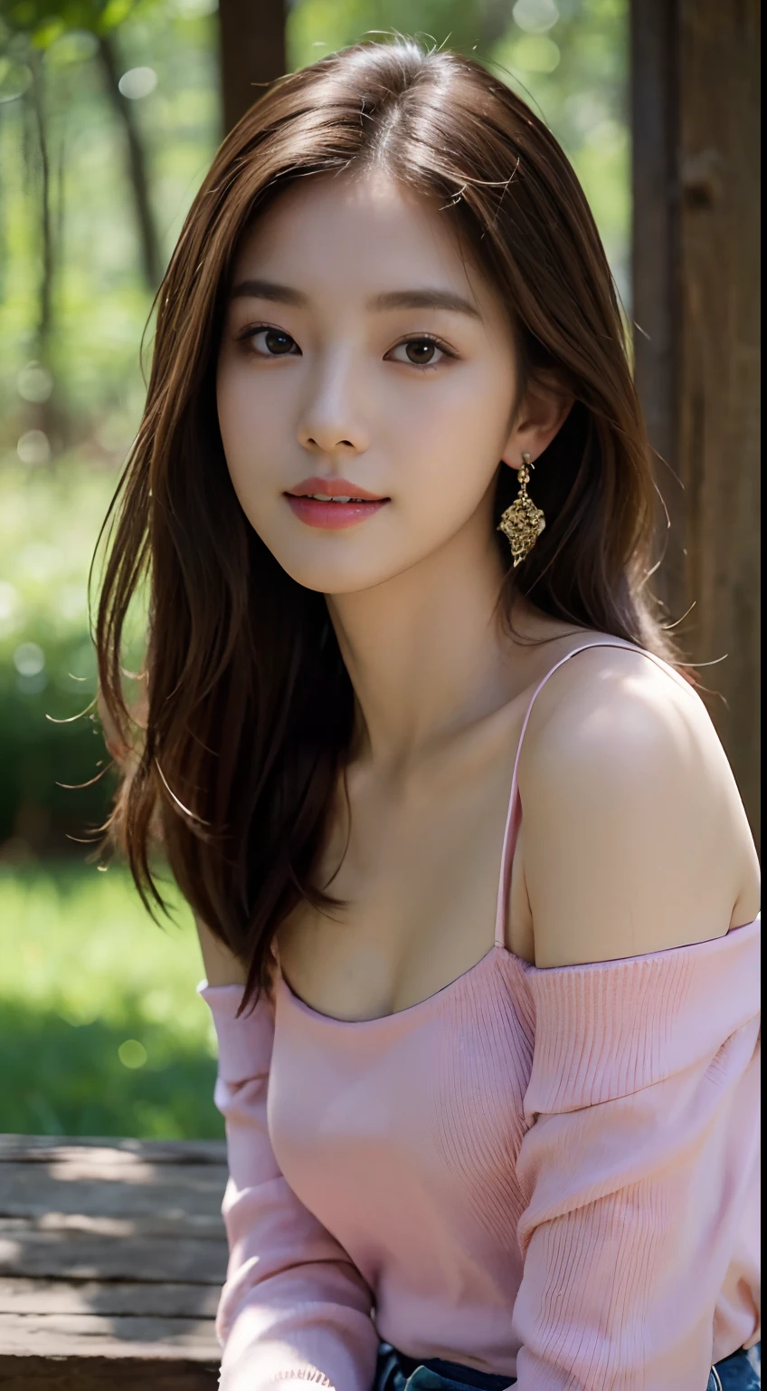 (masterpiece), a stunning photograph of korean girl model, full body, 8k, raw photo, looking at viewer, (highly detailed skin:1.2), small breasts, slim body, brown hair, (photorealistic:1.4), pink top, blue jeans, solo, jewelry, earrings, (looking at viewer), long hair, brown eyes, portrait, realistic, smile, makeup, forest, gasses